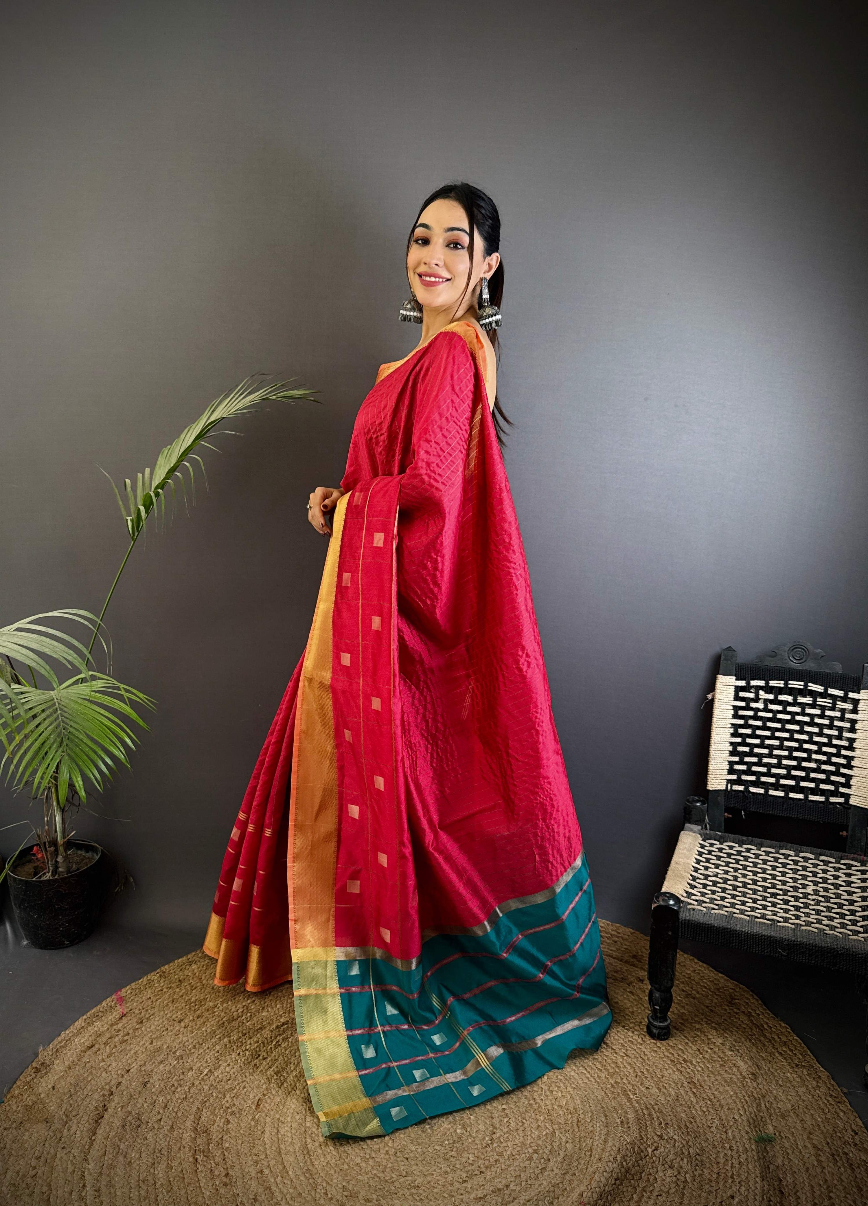 Sonakshi Women's Rani Pink Soft Cotton Silk Golden Zari Weaving Traditional Saree with Blouse