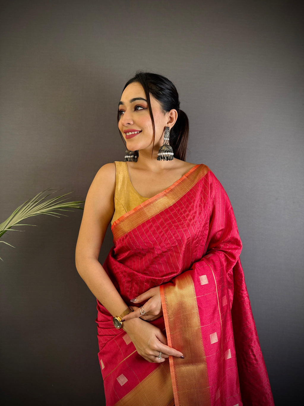 Sonakshi Women's Rani Pink Soft Cotton Silk Golden Zari Weaving Traditional Saree with Blouse