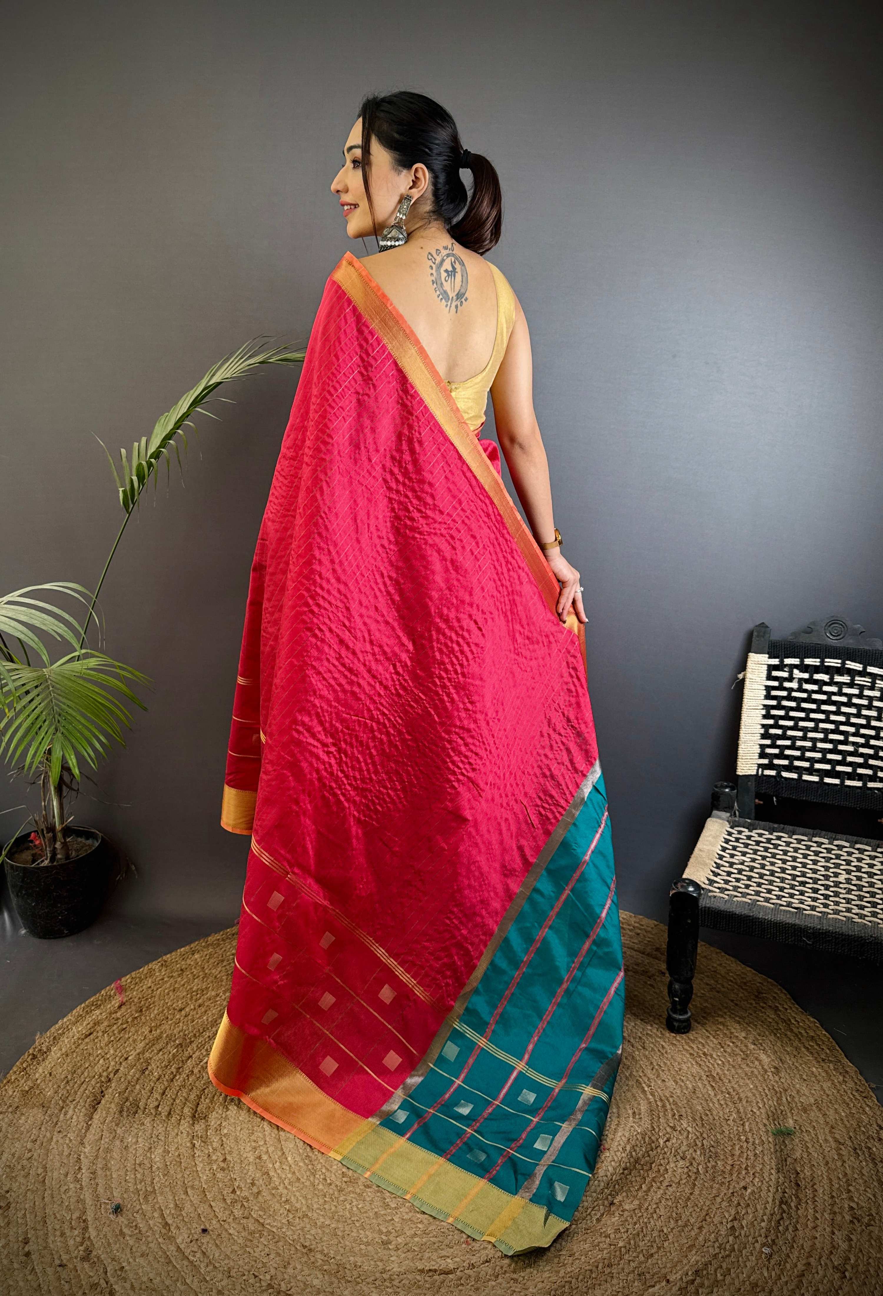 Sonakshi Women's Rani Pink Soft Cotton Silk Golden Zari Weaving Traditional Saree with Blouse