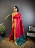 Sonakshi Women's Rani Pink Soft Cotton Silk Golden Zari Weaving Traditional Saree with Blouse