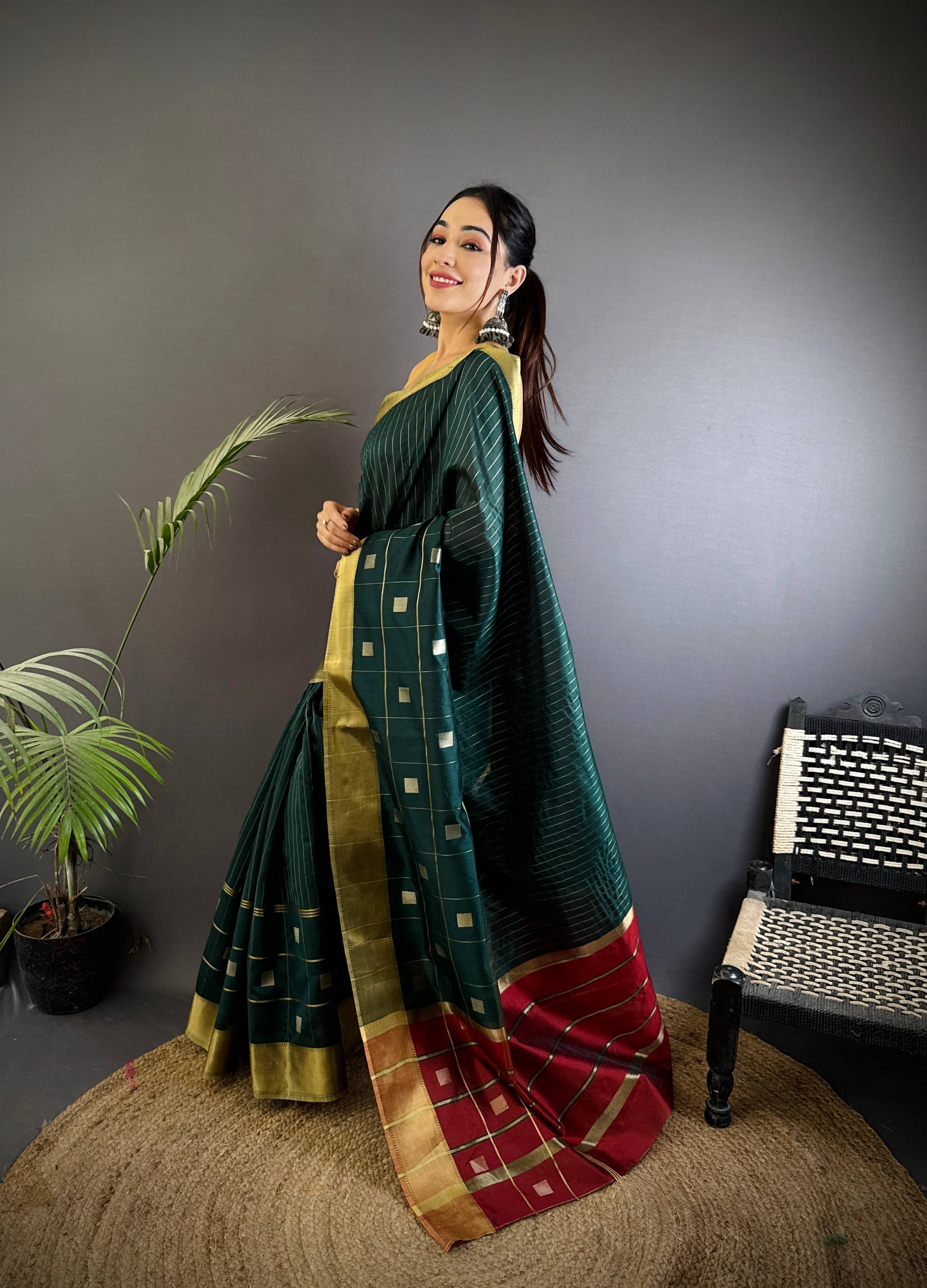 Sonakshi Women's Ramagreen Soft Cotton Silk Golden Zari Weaving Traditional Saree with Blouse