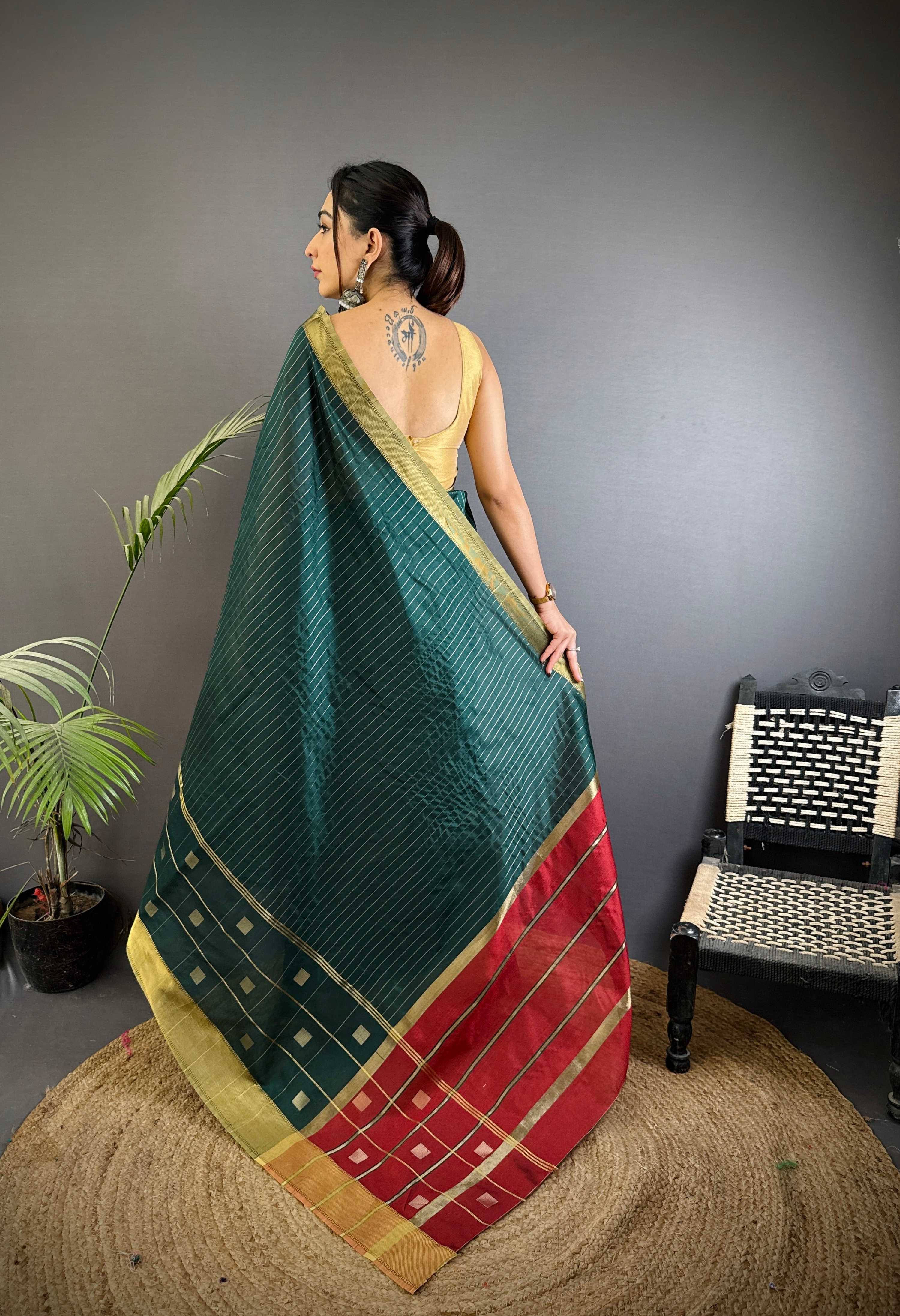 Sonakshi Women's Ramagreen Soft Cotton Silk Golden Zari Weaving Traditional Saree with Blouse