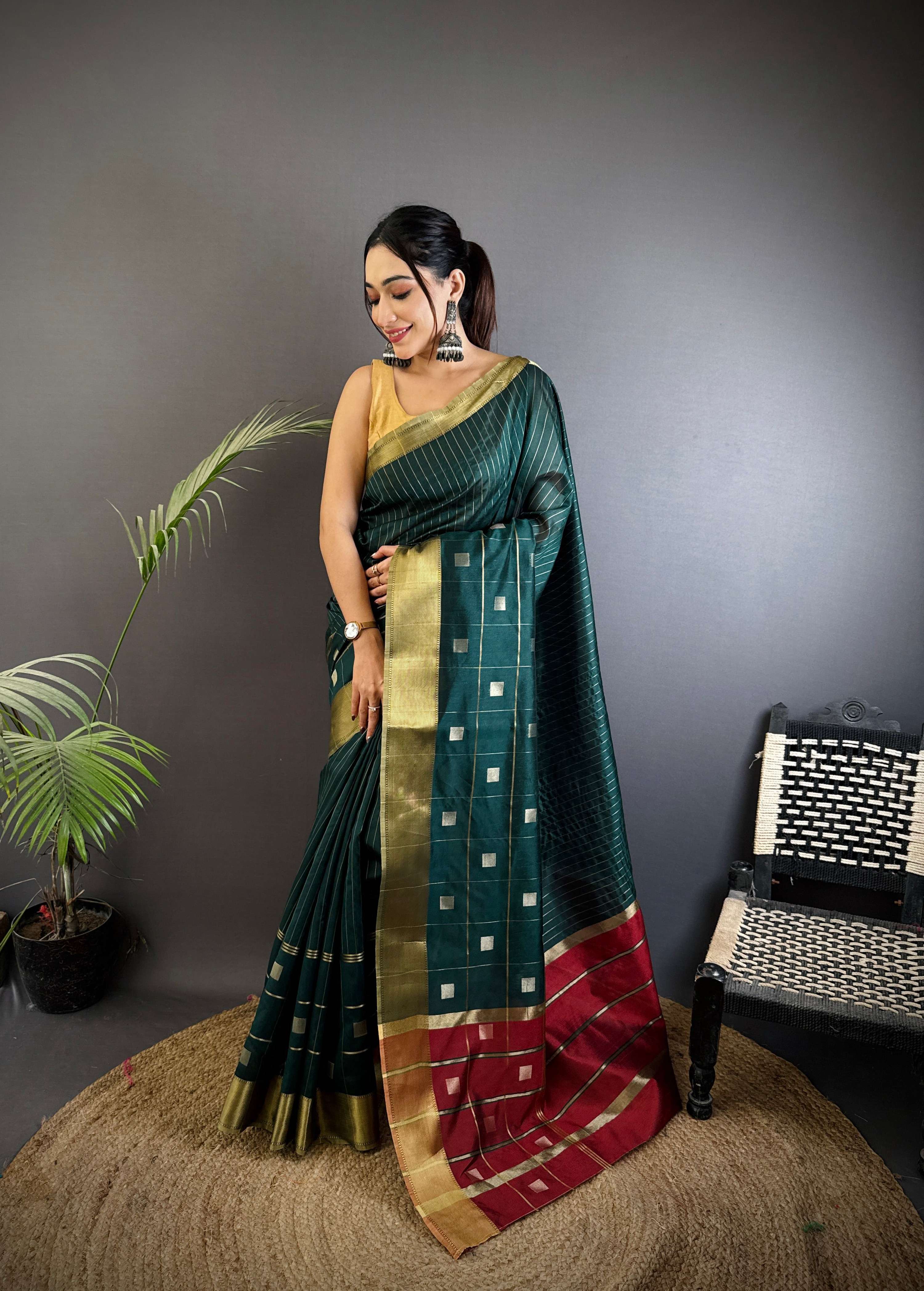 Sonakshi Women's Ramagreen Soft Cotton Silk Golden Zari Weaving Traditional Saree with Blouse