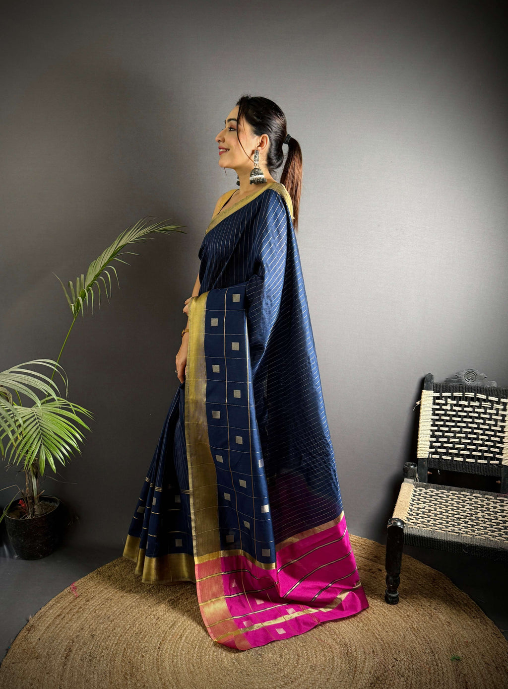 Sonakshi Women's Royal Blue Soft Cotton Silk Golden Zari Weaving Traditional Saree with Blouse