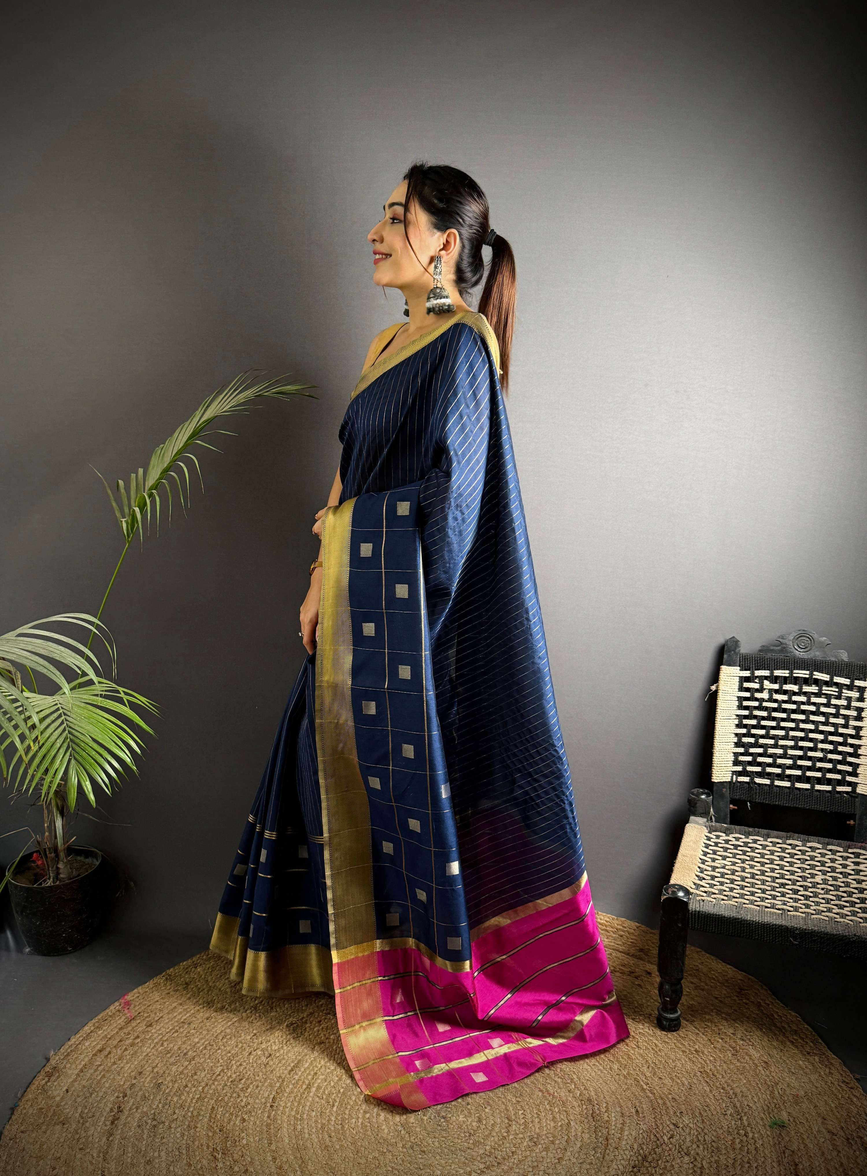Sonakshi Women's Royal Blue Soft Cotton Silk Golden Zari Weaving Traditional Saree with Blouse