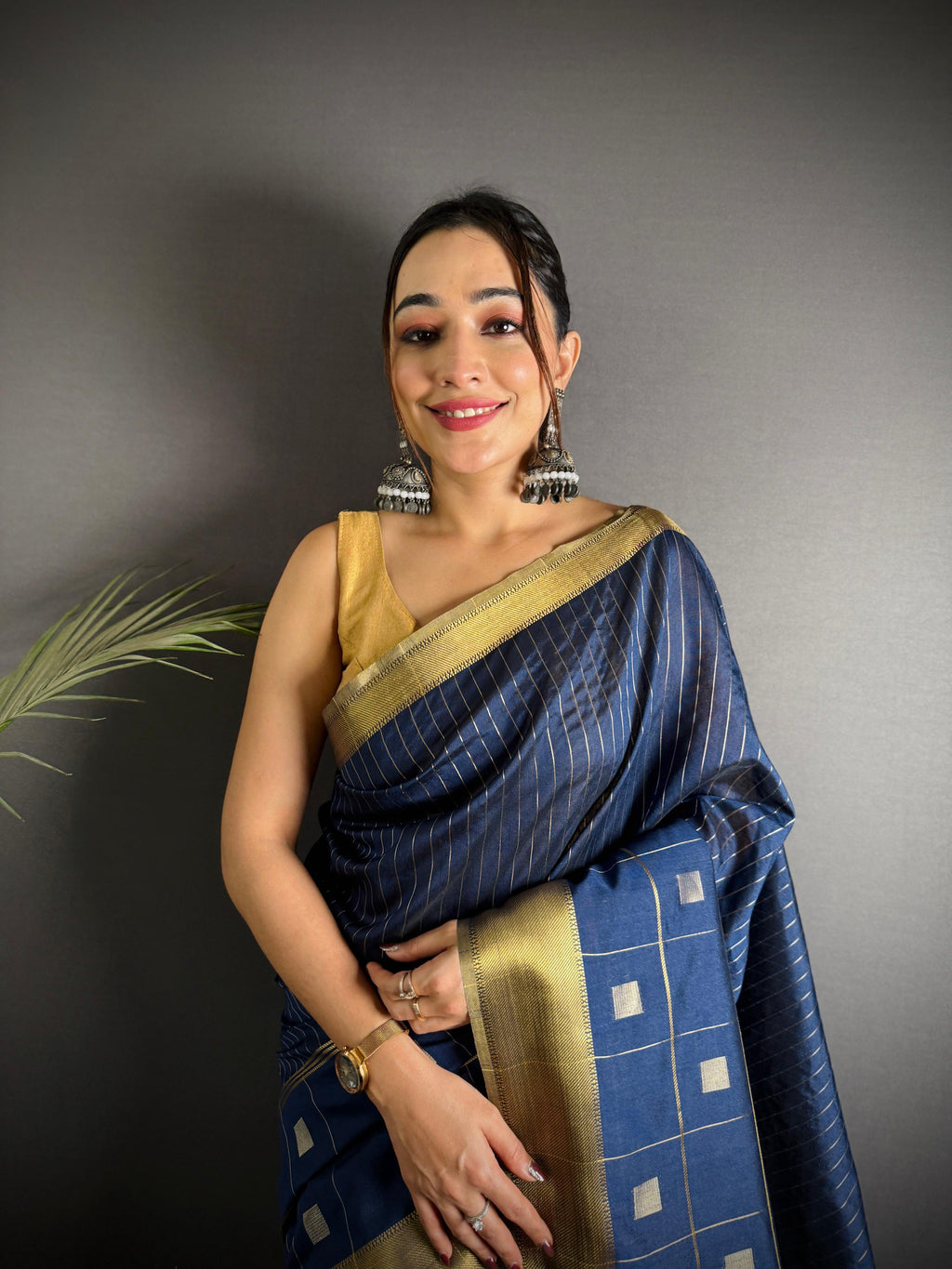 Sonakshi Women's Royal Blue Soft Cotton Silk Golden Zari Weaving Traditional Saree with Blouse