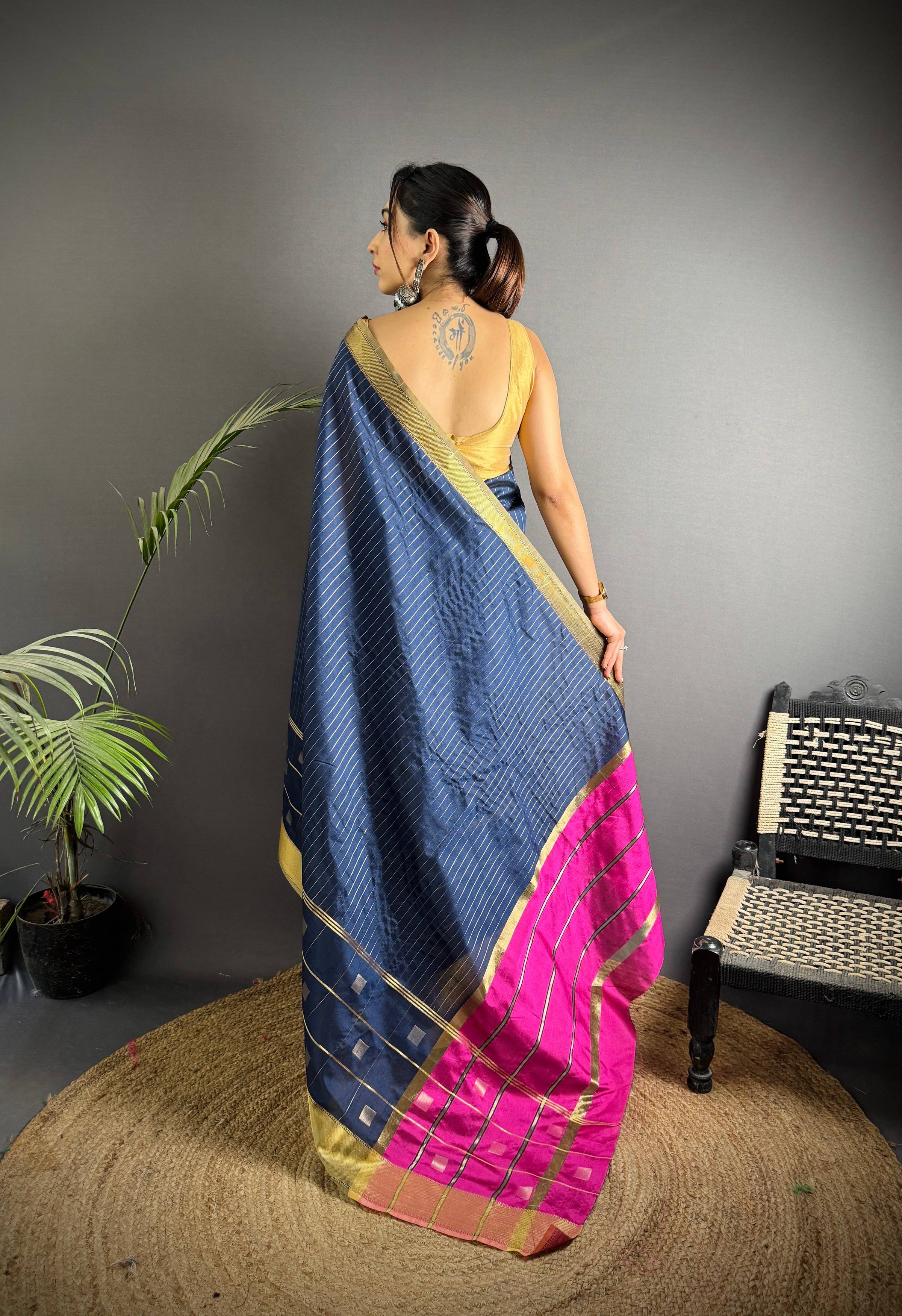 Sonakshi Women's Royal Blue Soft Cotton Silk Golden Zari Weaving Traditional Saree with Blouse