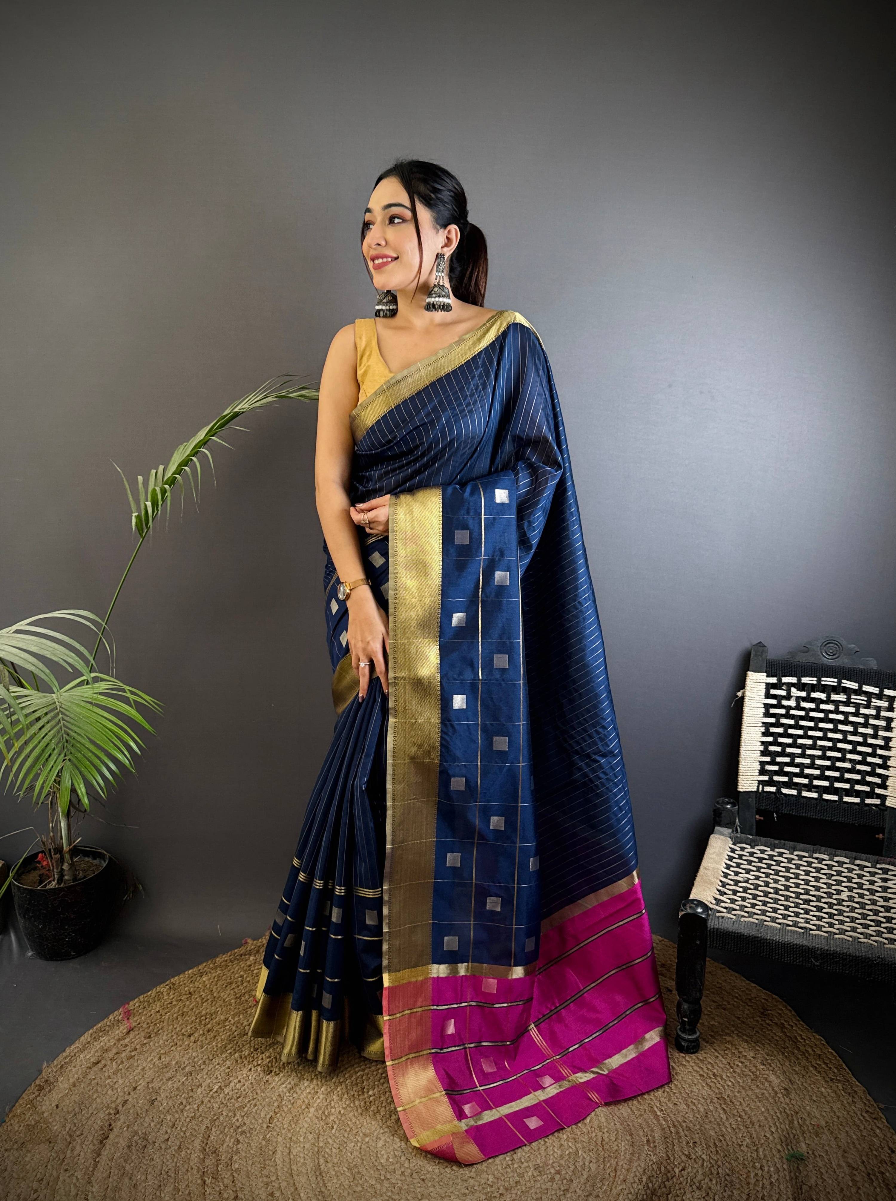 Sonakshi Women's Royal Blue Soft Cotton Silk Golden Zari Weaving Traditional Saree with Blouse