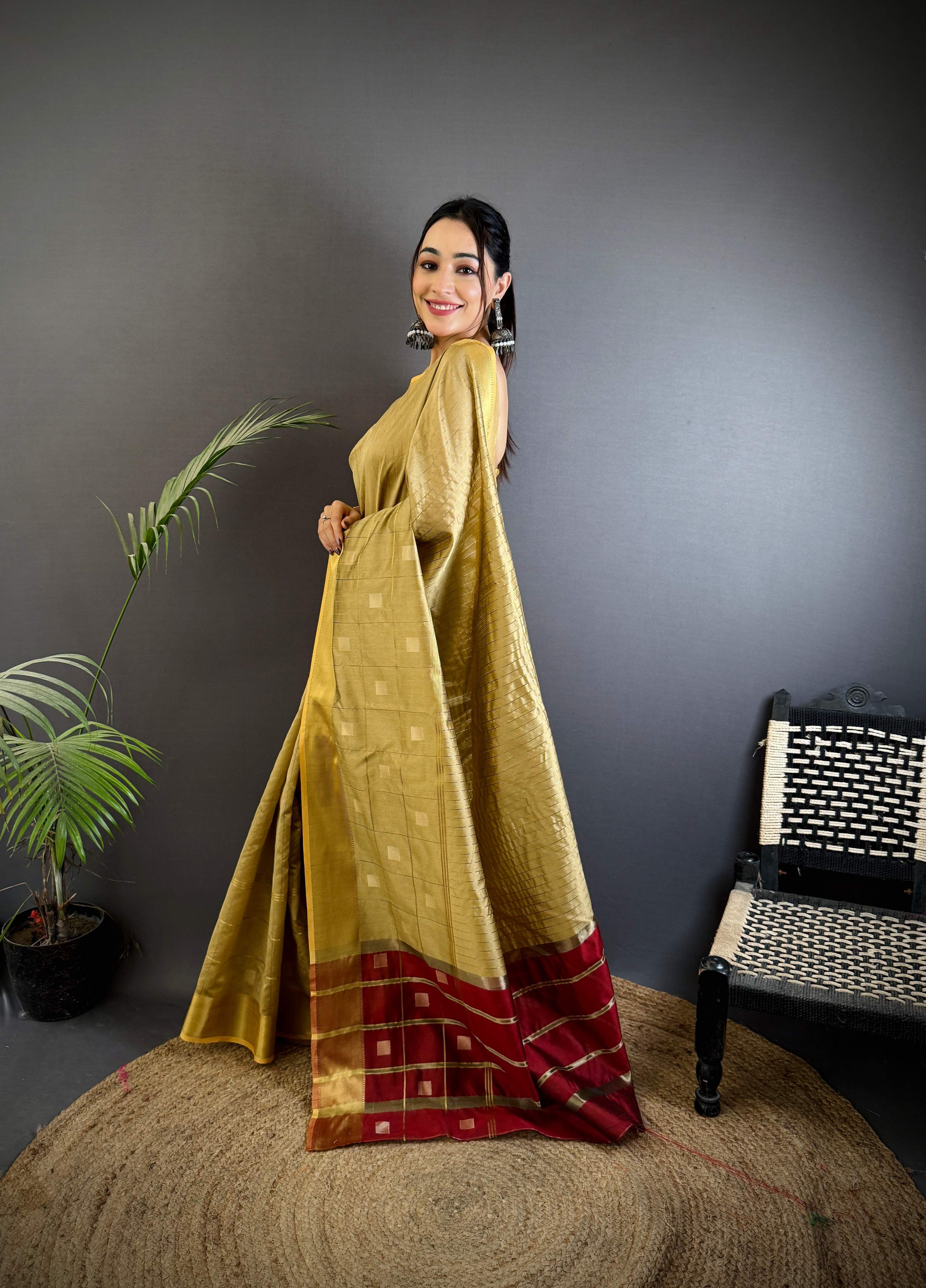 Sonakshi Women's Sona Gold Soft Cotton Silk Golden Zari Weaving Traditional Saree with Blouse