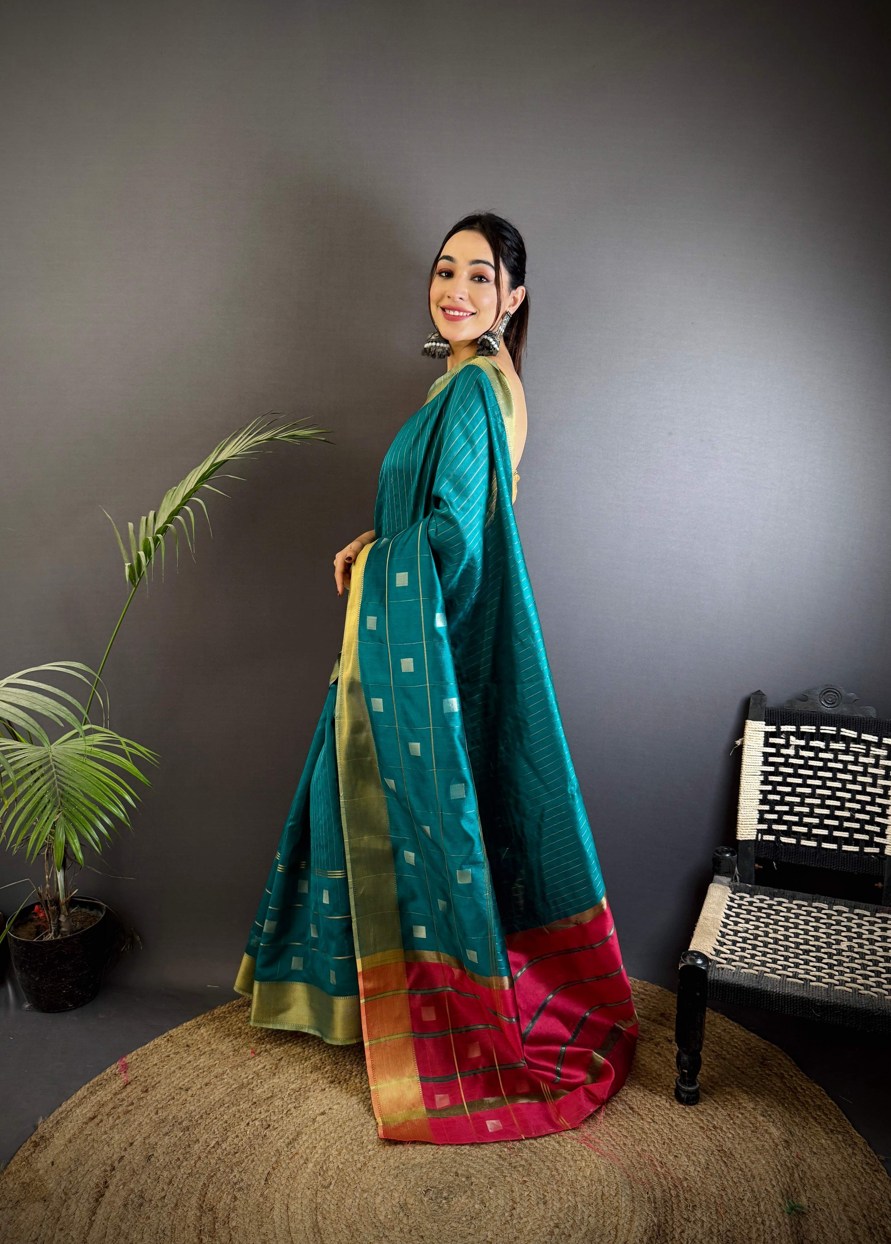 Sonakshi Women's Teal Soft Cotton Silk Golden Zari Weaving Traditional Saree with Blouse
