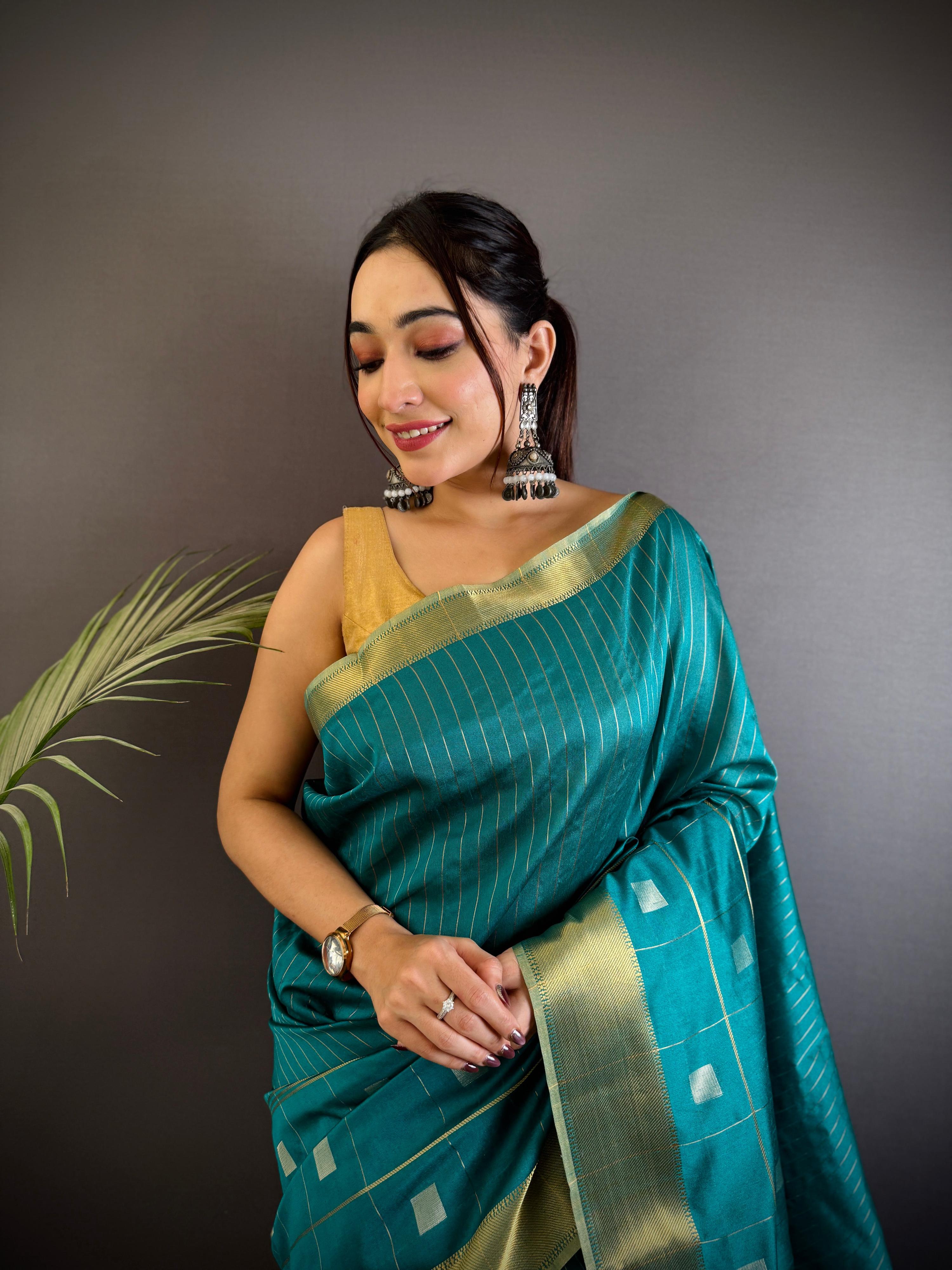 Sonakshi Women's Teal Soft Cotton Silk Golden Zari Weaving Traditional Saree with Blouse