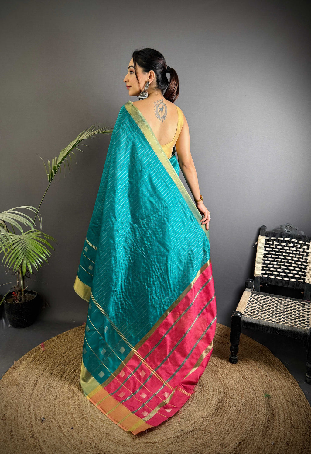 Sonakshi Women's Teal Soft Cotton Silk Golden Zari Weaving Traditional Saree with Blouse