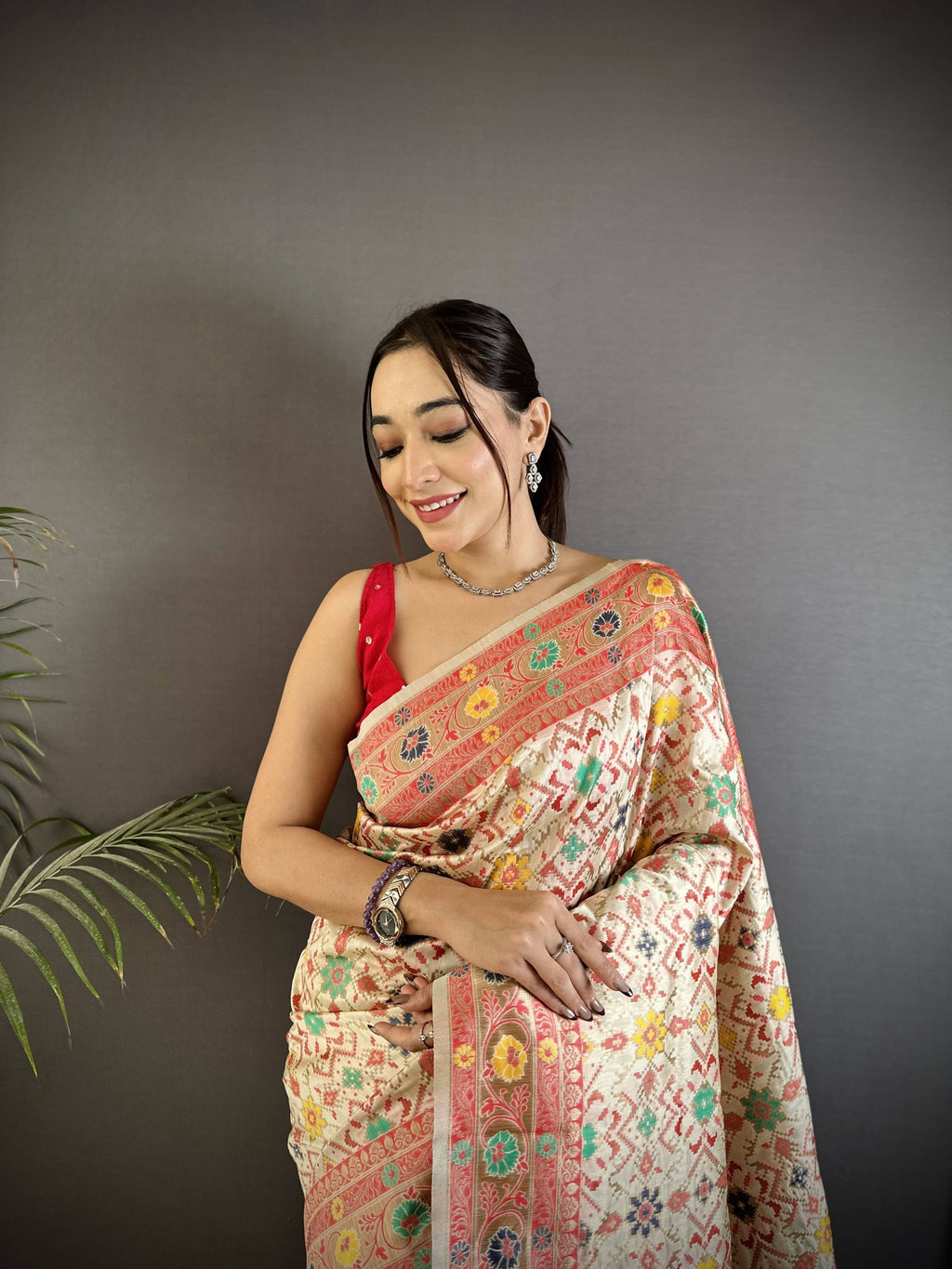 Sonakshi Women's Off White Banarasi Silk Tassel Weaving Traditional Saree with Blouse