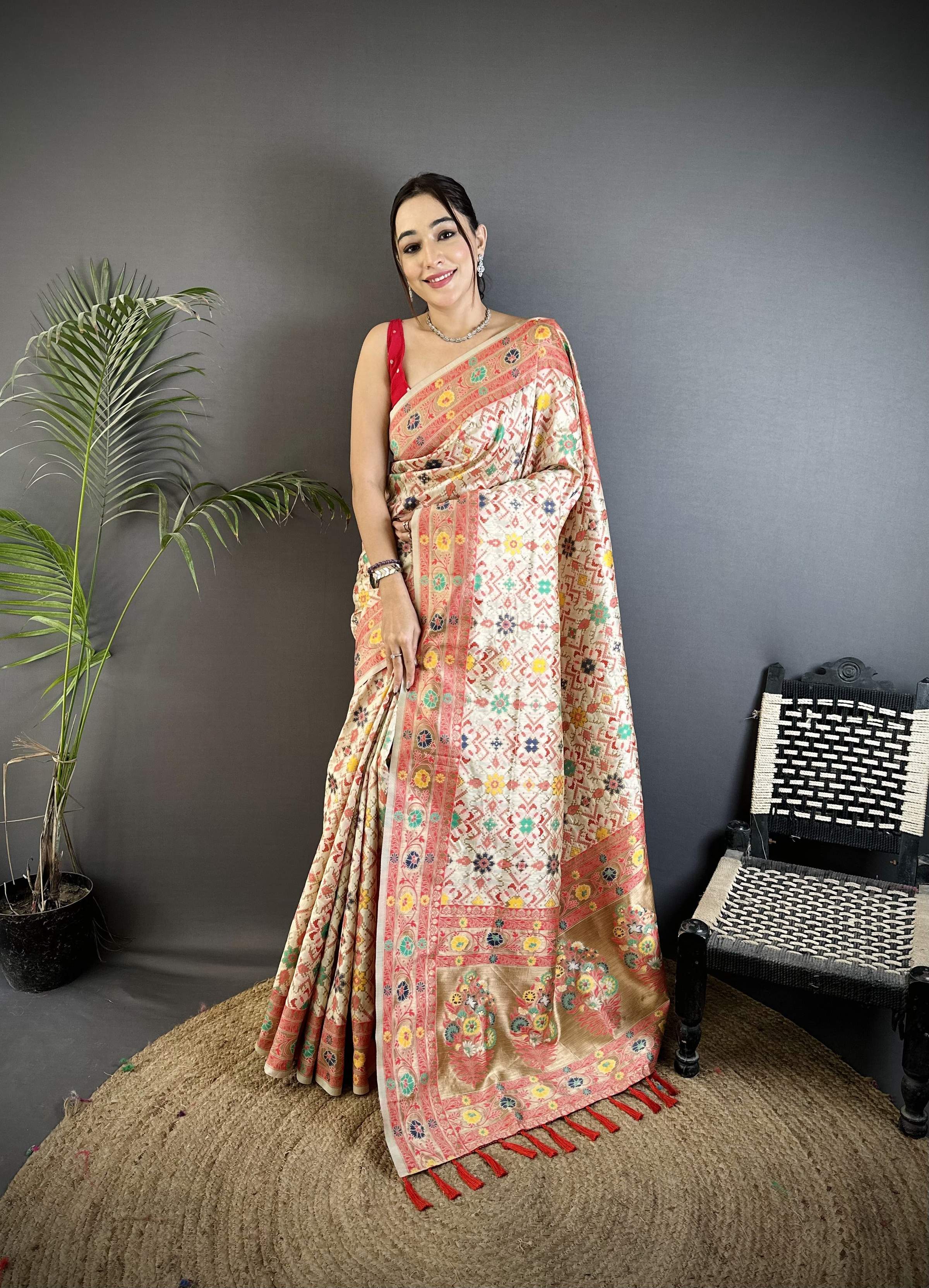 Sonakshi Women's Off White Banarasi Silk Tassel Weaving Traditional Saree with Blouse