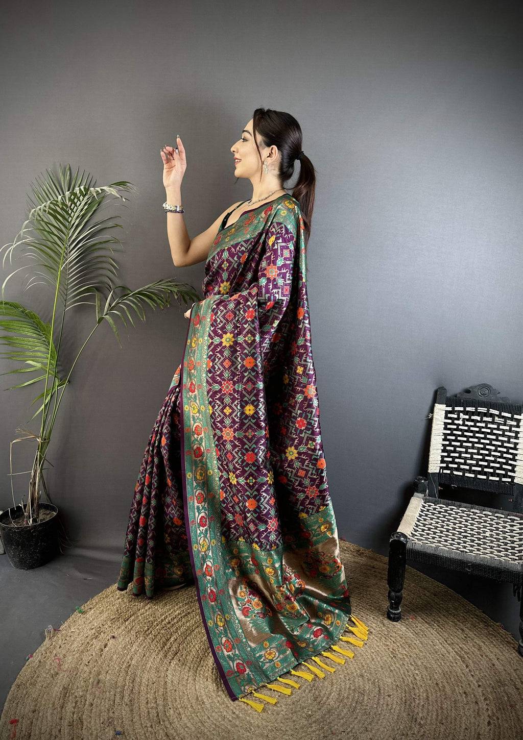 Sonakshi Women's Wine Banarsi Silk Tassel Weaving Traditional Saree with Blouse