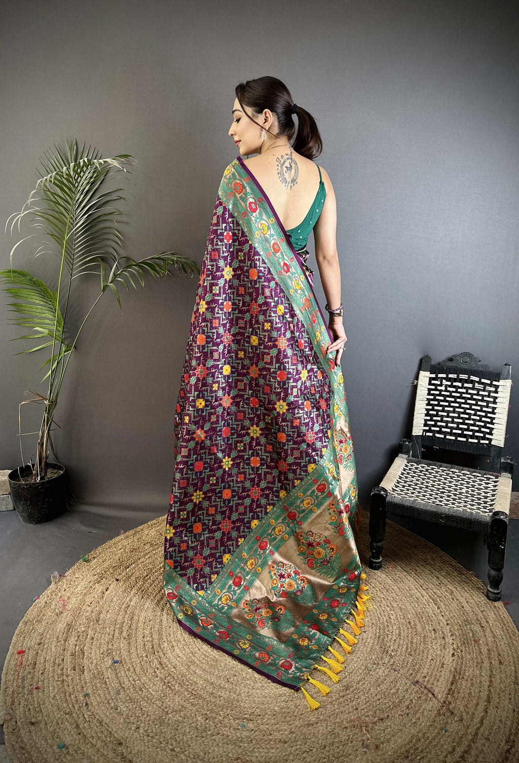Sonakshi Women's Wine Banarsi Silk Tassel Weaving Traditional Saree with Blouse