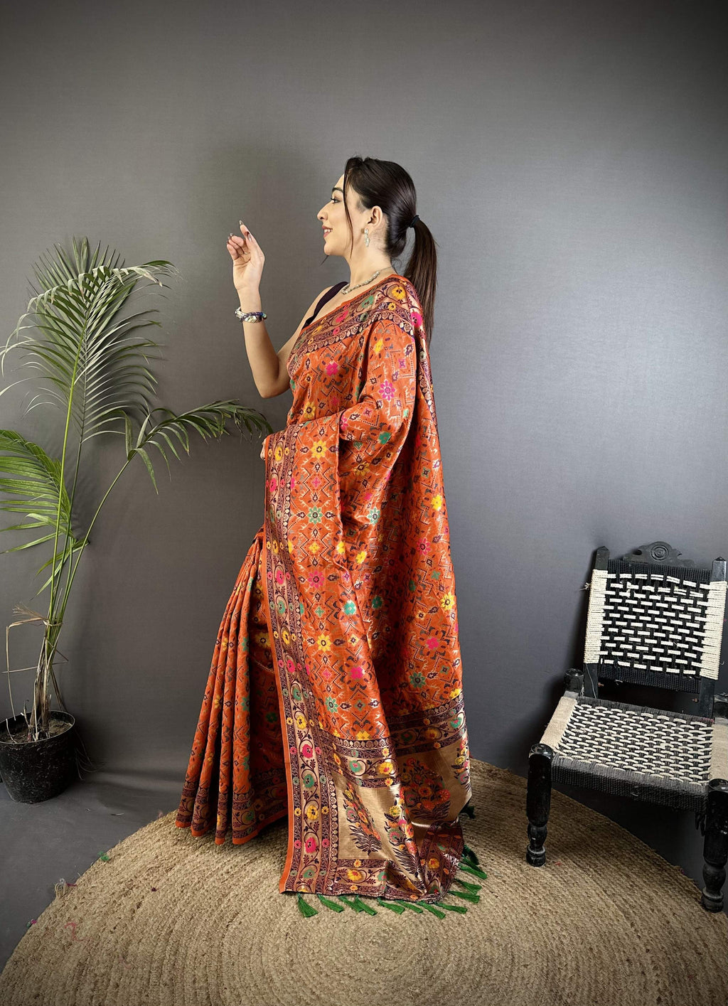 Sonakshi Women's Orange Banarsi Silk Tassel Weaving Traditional Saree with Blouse