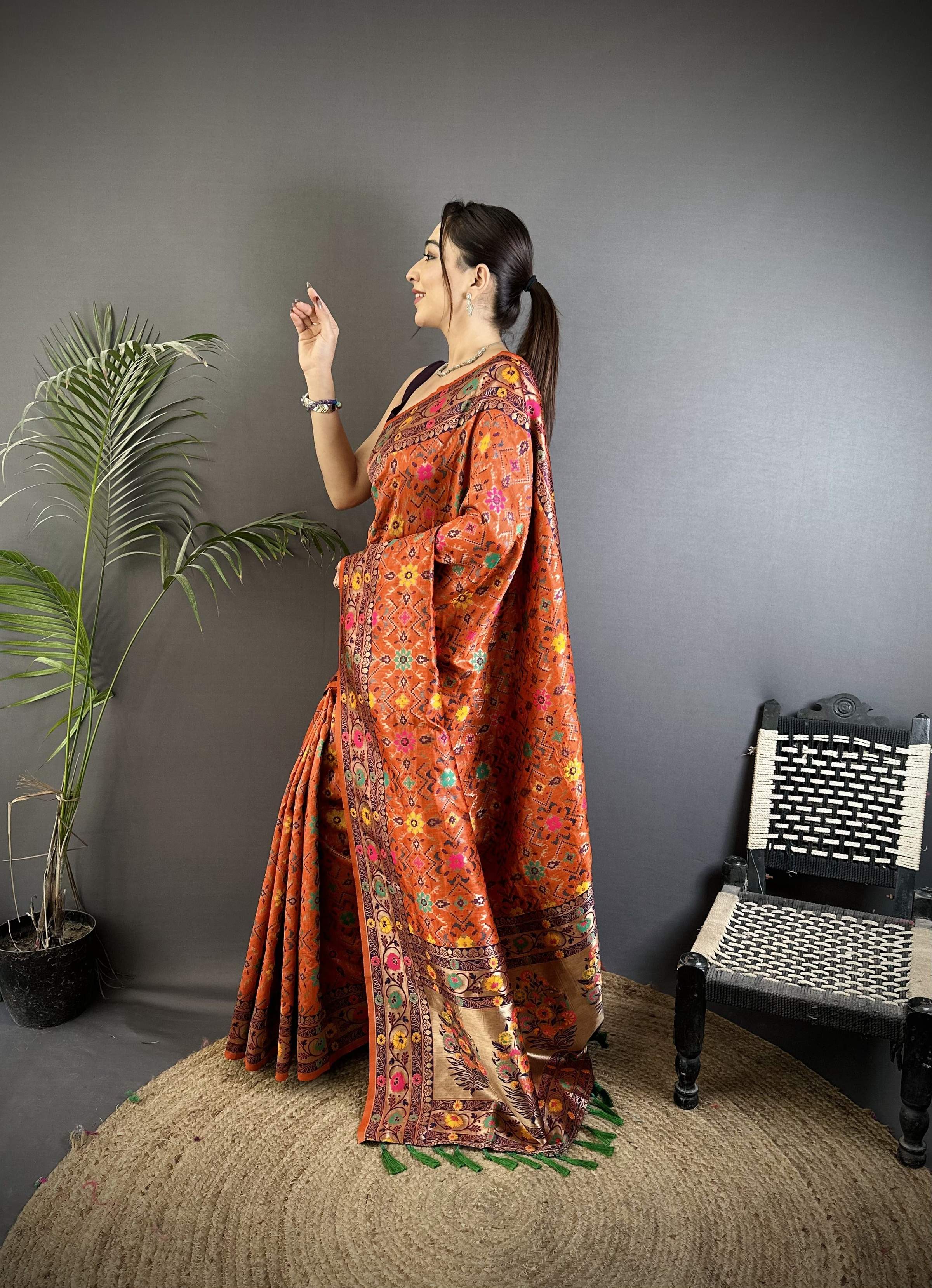 Sonakshi Women's Orange Banarsi Silk Tassel Weaving Traditional Saree with Blouse