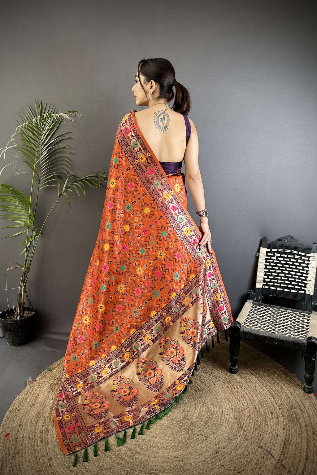 Sonakshi Women's Orange Banarsi Silk Tassel Weaving Traditional Saree with Blouse
