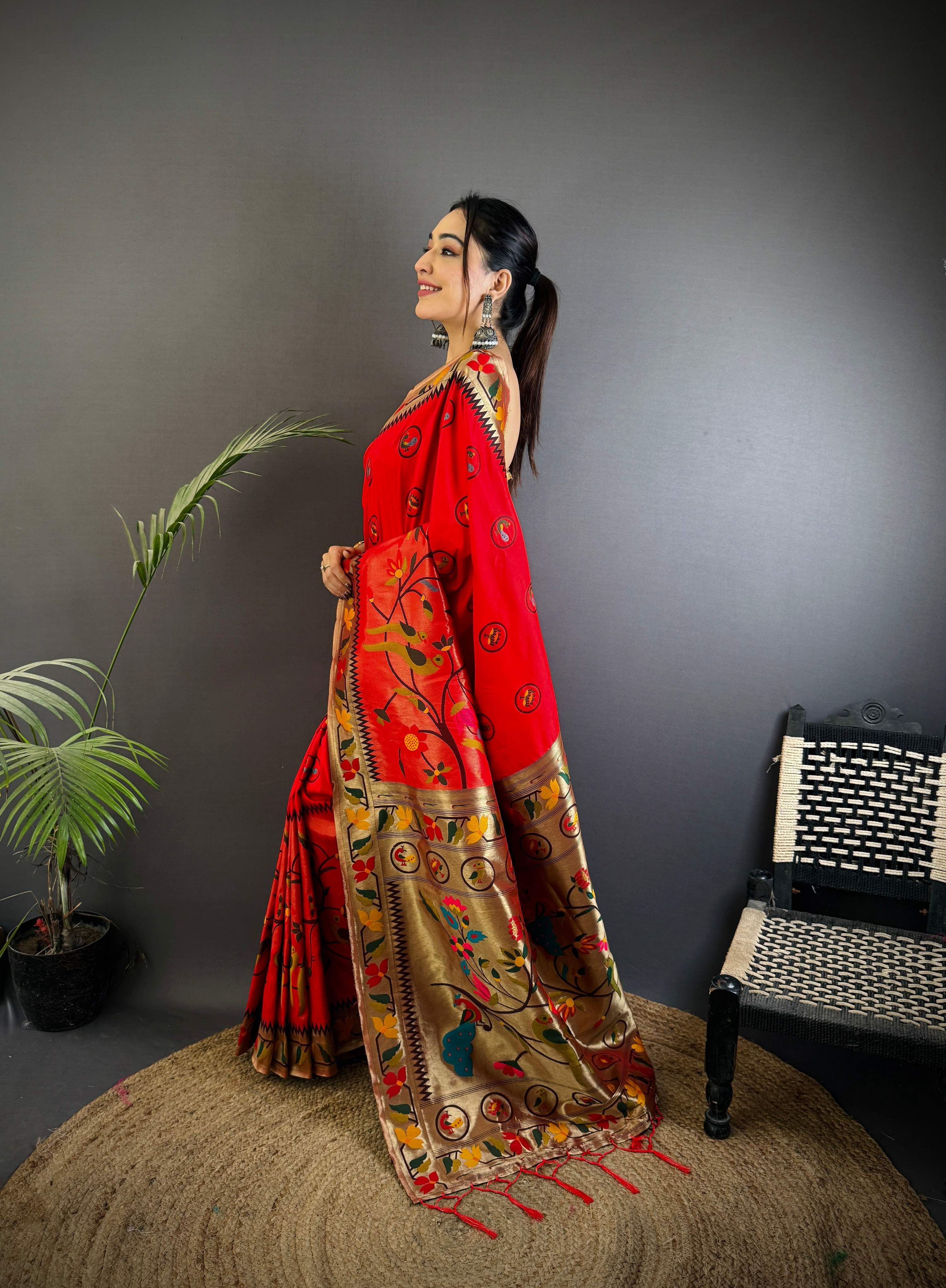 Sonakshi Women's Red Paithani Silk Zari & Meenakari Weaving Traditional Saree with Blouse