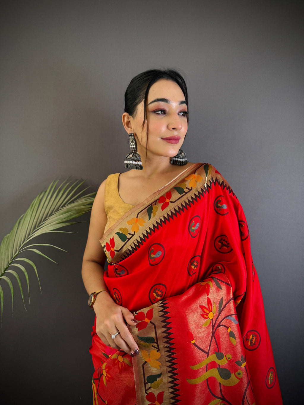Sonakshi Women's Red Paithani Silk Zari & Meenakari Weaving Traditional Saree with Blouse