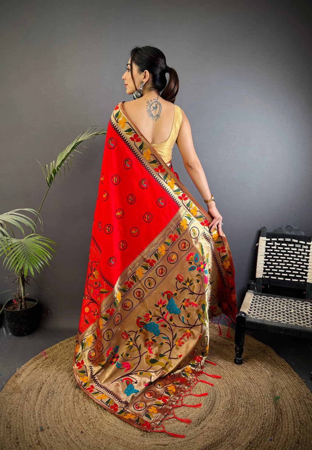 Sonakshi Women's Red Paithani Silk Zari & Meenakari Weaving Traditional Saree with Blouse