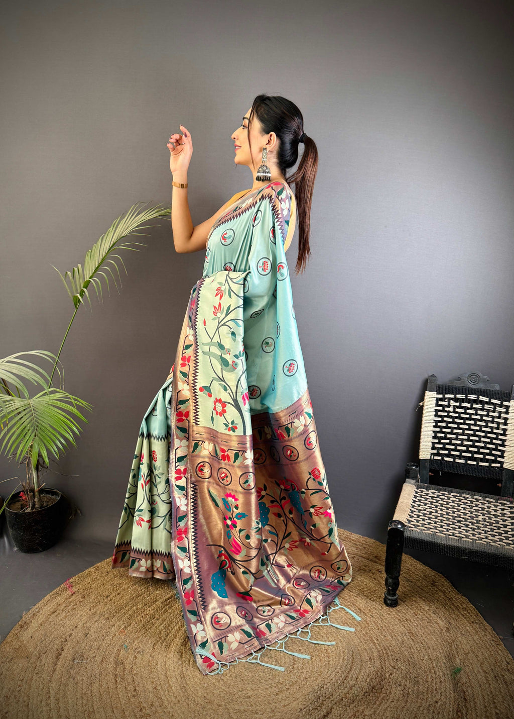 Sonakshi Women's Sky Paithani Silk Zari & Meenakari Weaving Traditional Saree with Blouse
