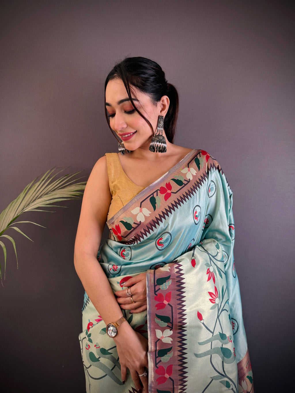 Sonakshi Women's Sky Paithani Silk Zari & Meenakari Weaving Traditional Saree with Blouse