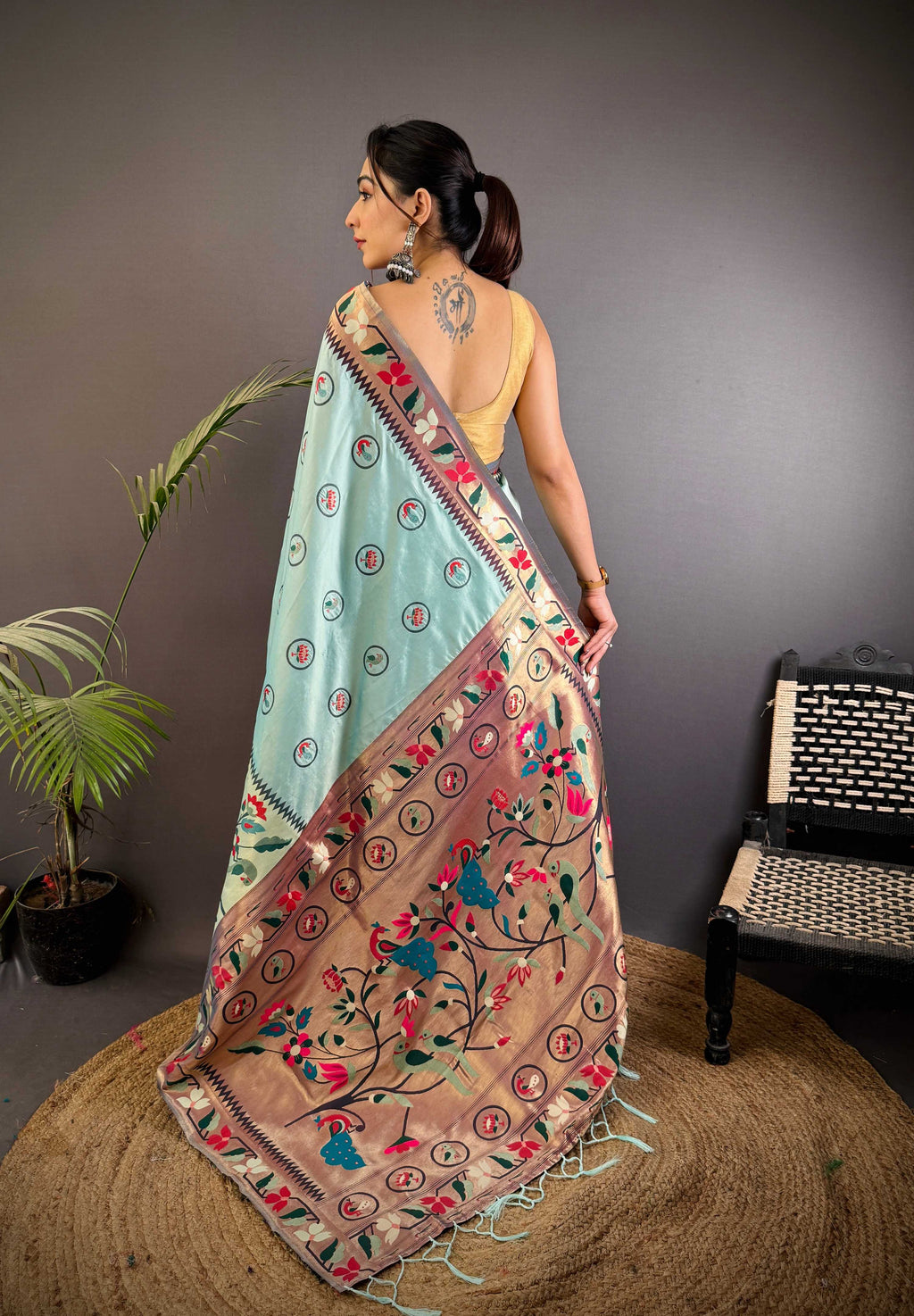 Sonakshi Women's Sky Paithani Silk Zari & Meenakari Weaving Traditional Saree with Blouse