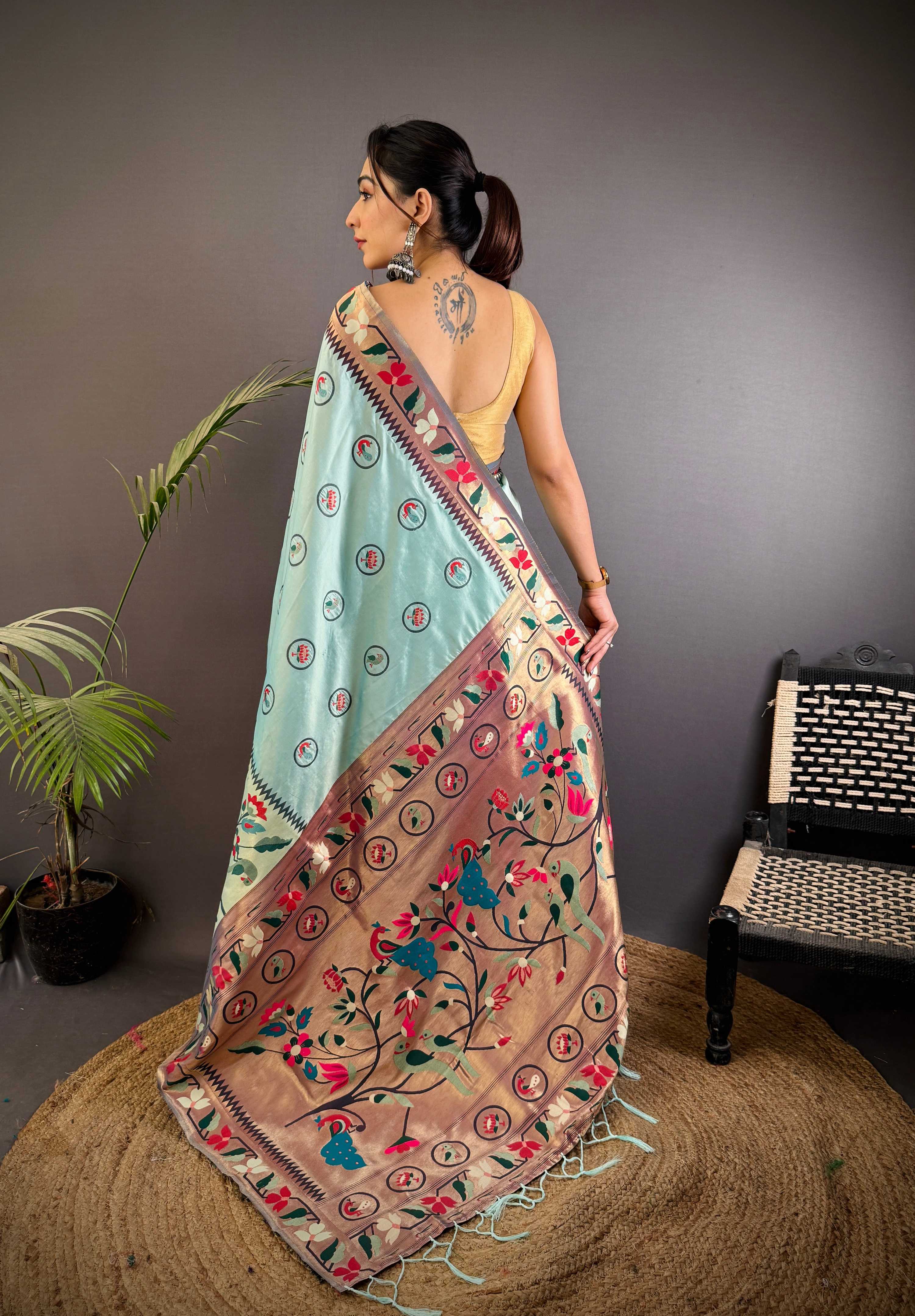 Sonakshi Women's Sky Paithani Silk Zari & Meenakari Weaving Traditional Saree with Blouse