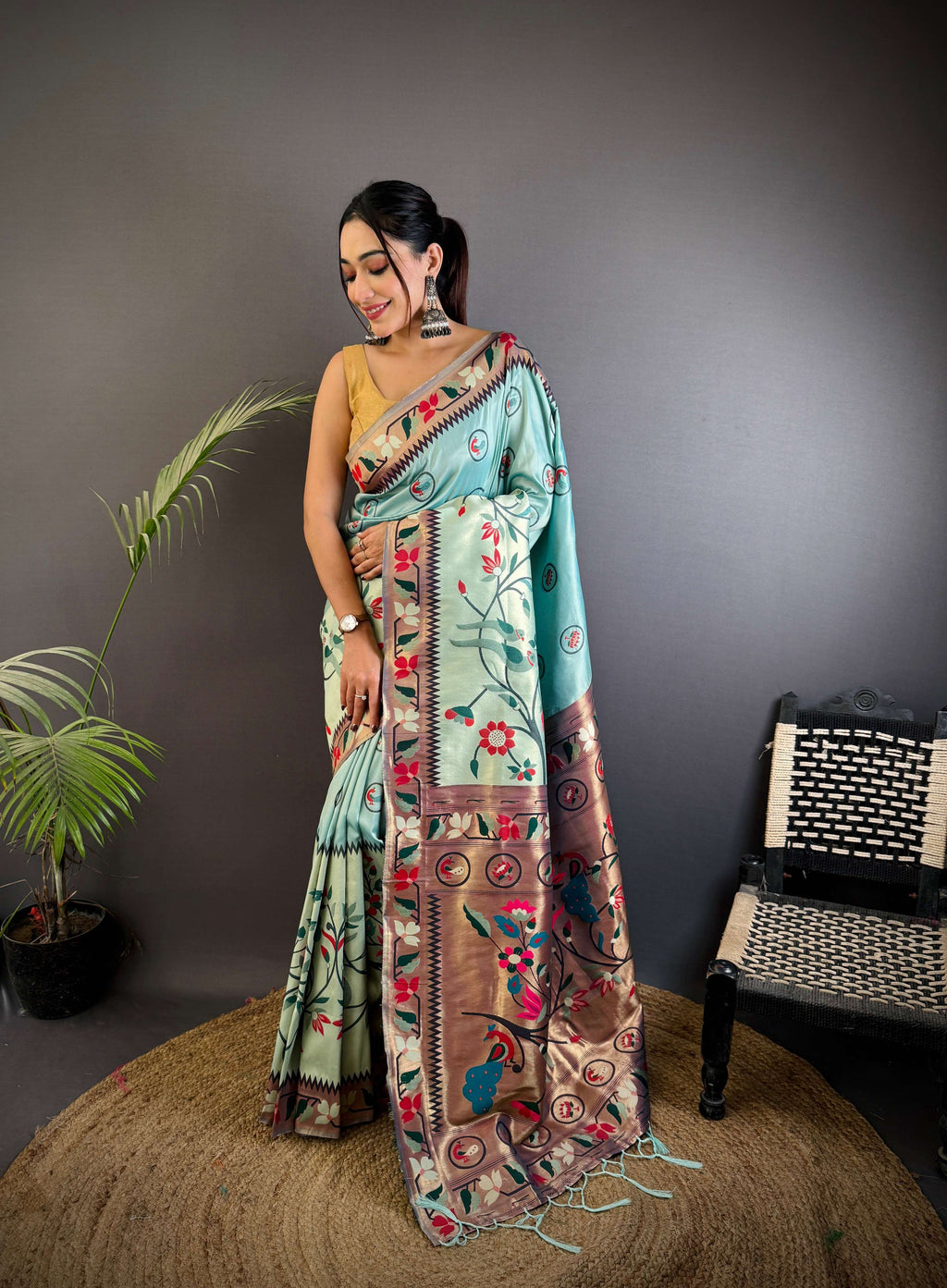 Sonakshi Women's Sky Paithani Silk Zari & Meenakari Weaving Traditional Saree with Blouse