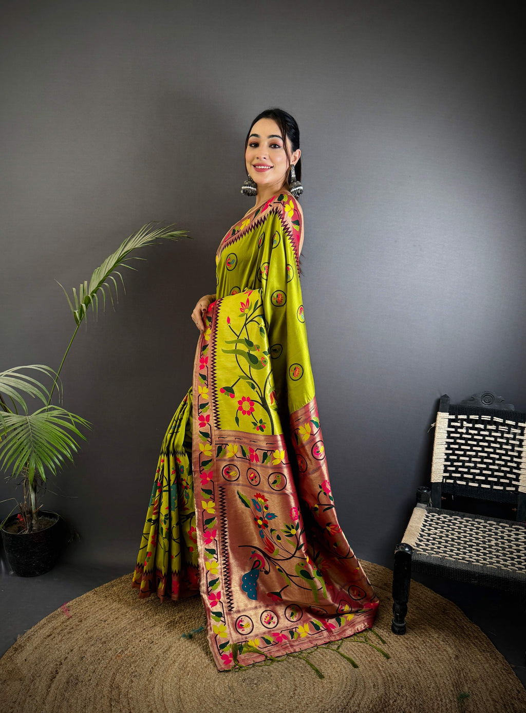 Sonakshi Women's Parrot Paithani Silk Zari & Meenakari Weaving Traditional Saree with Blouse