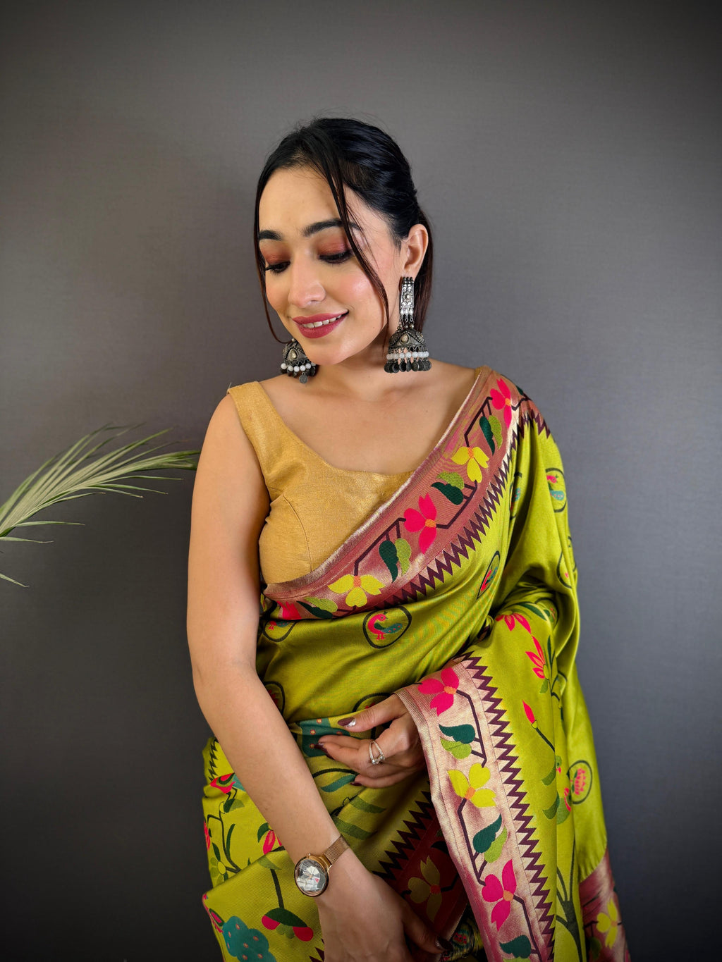 Sonakshi Women's Parrot Paithani Silk Zari & Meenakari Weaving Traditional Saree with Blouse