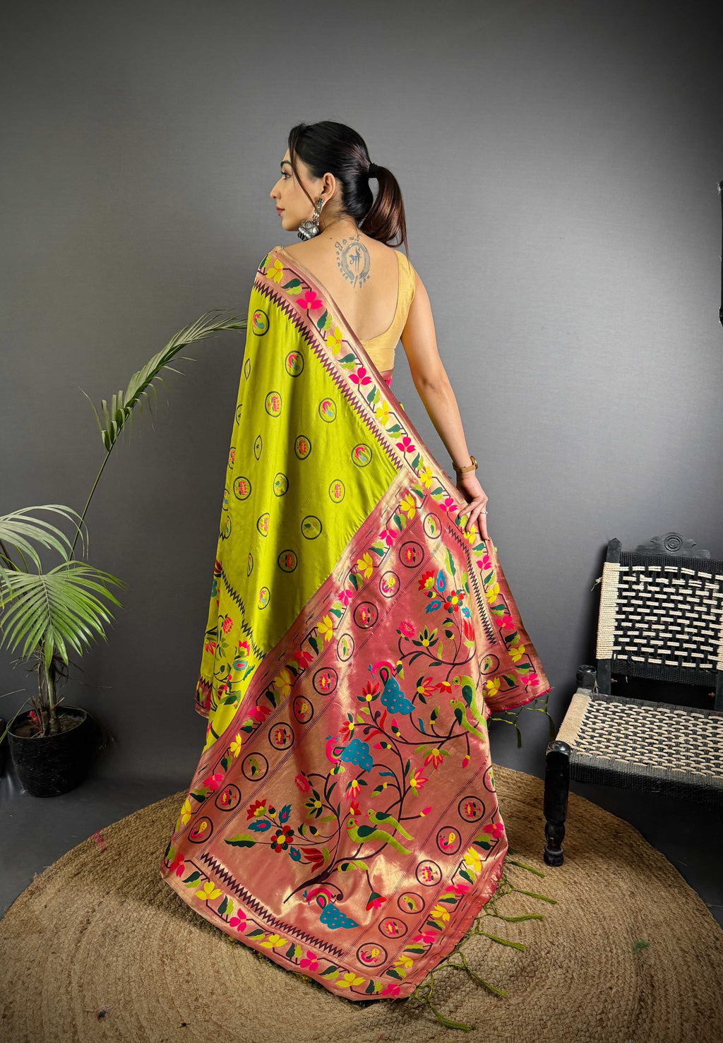Sonakshi Women's Parrot Paithani Silk Zari & Meenakari Weaving Traditional Saree with Blouse