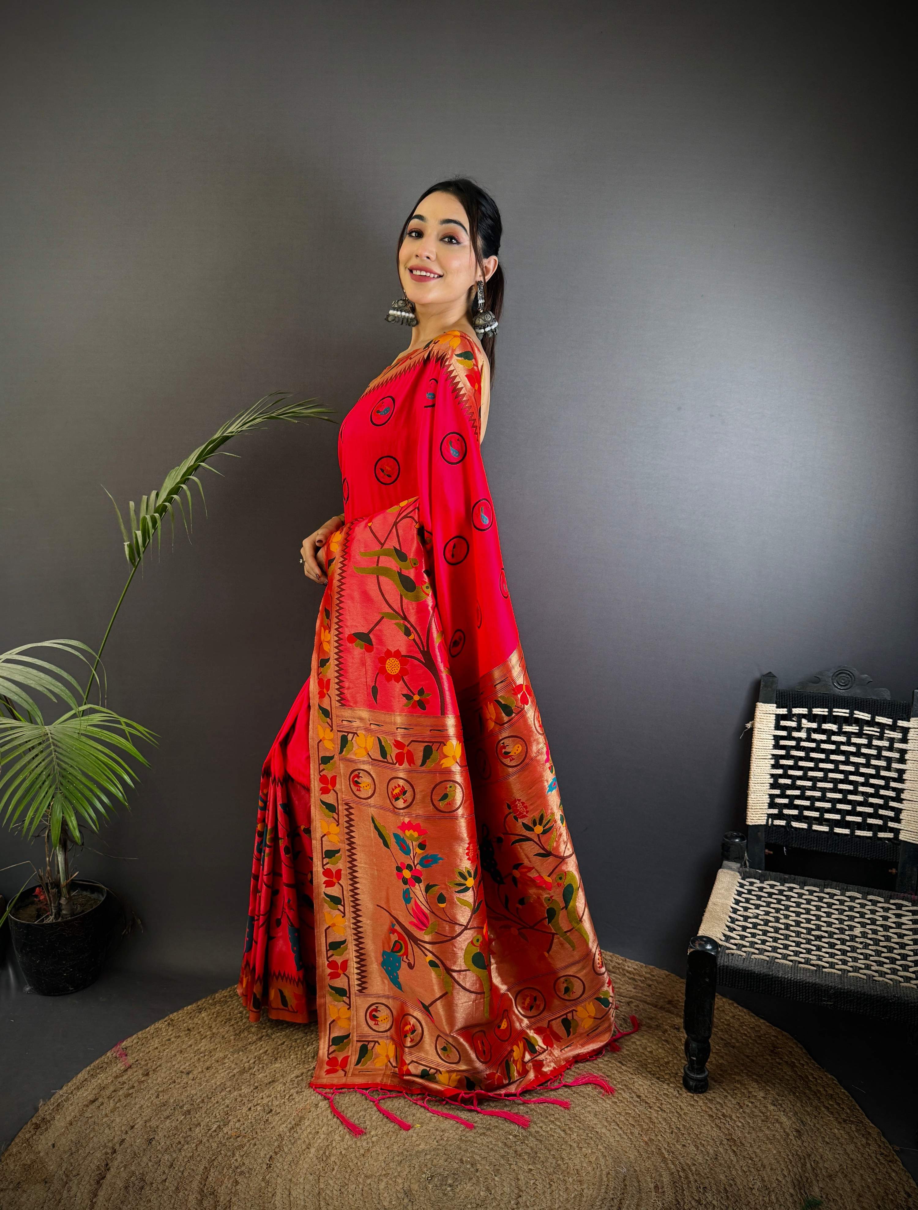 Sonakshi Women's Rani Pink Paithani Silk Zari & Meenakari Weaving Traditional Saree with Blouse