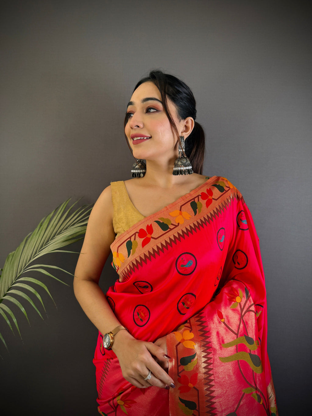 Sonakshi Women's Rani Pink Paithani Silk Zari & Meenakari Weaving Traditional Saree with Blouse