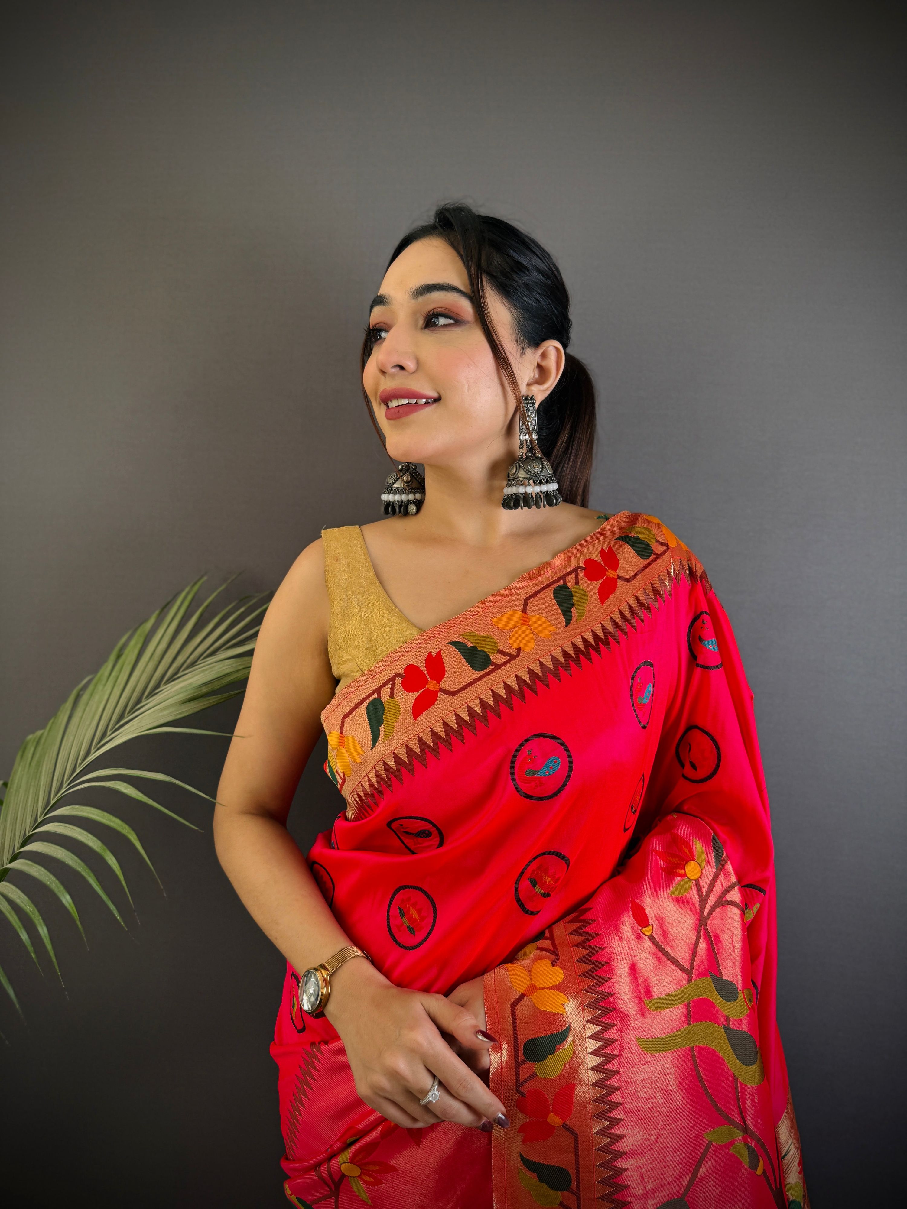Sonakshi Women's Rani Pink Paithani Silk Zari & Meenakari Weaving Traditional Saree with Blouse