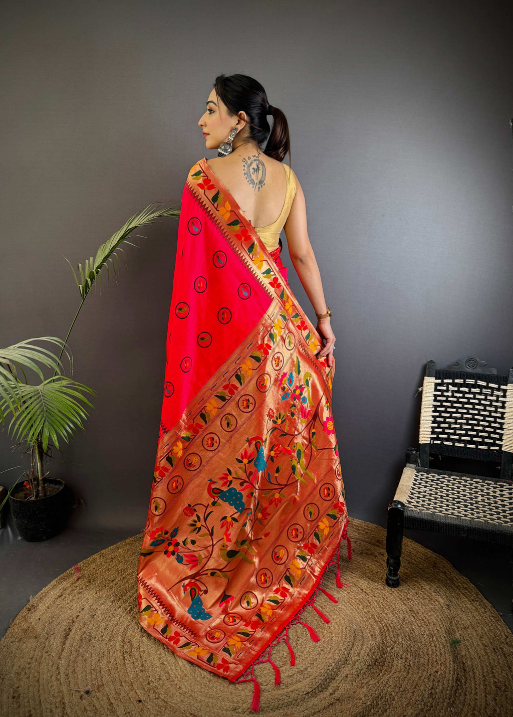 Sonakshi Women's Rani Pink Paithani Silk Zari & Meenakari Weaving Traditional Saree with Blouse