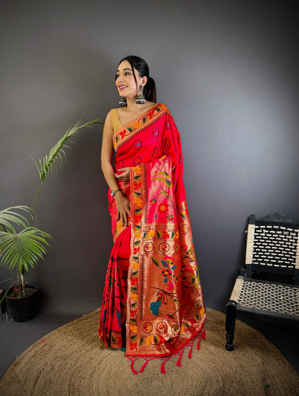 Sonakshi Women's Rani Pink Paithani Silk Zari & Meenakari Weaving Traditional Saree with Blouse