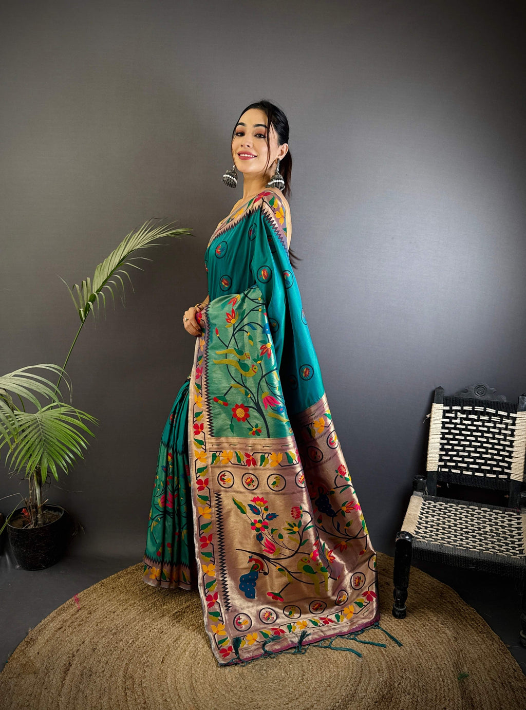 Sonakshi Women's Morepeach Paithani Silk Zari & Meenakari Weaving Traditional Saree with Blouse