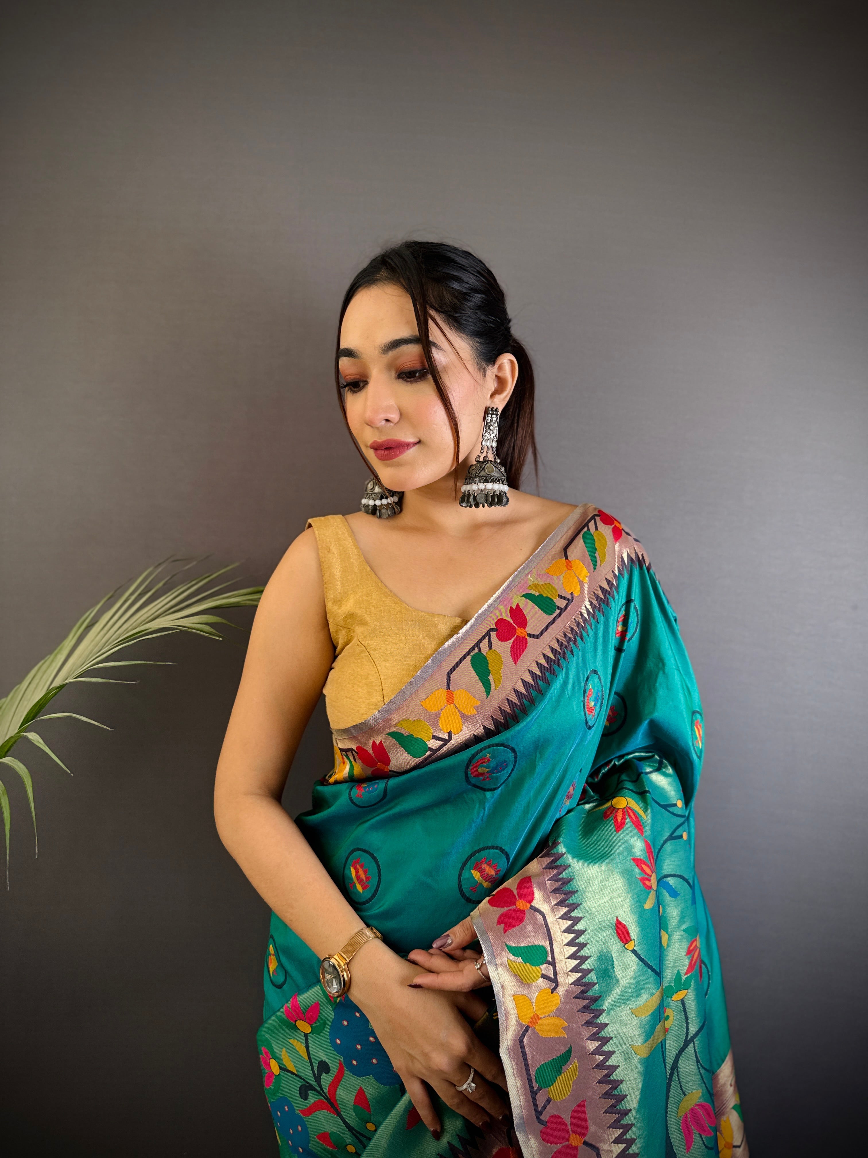 Sonakshi Women's Morepeach Paithani Silk Zari & Meenakari Weaving Traditional Saree with Blouse