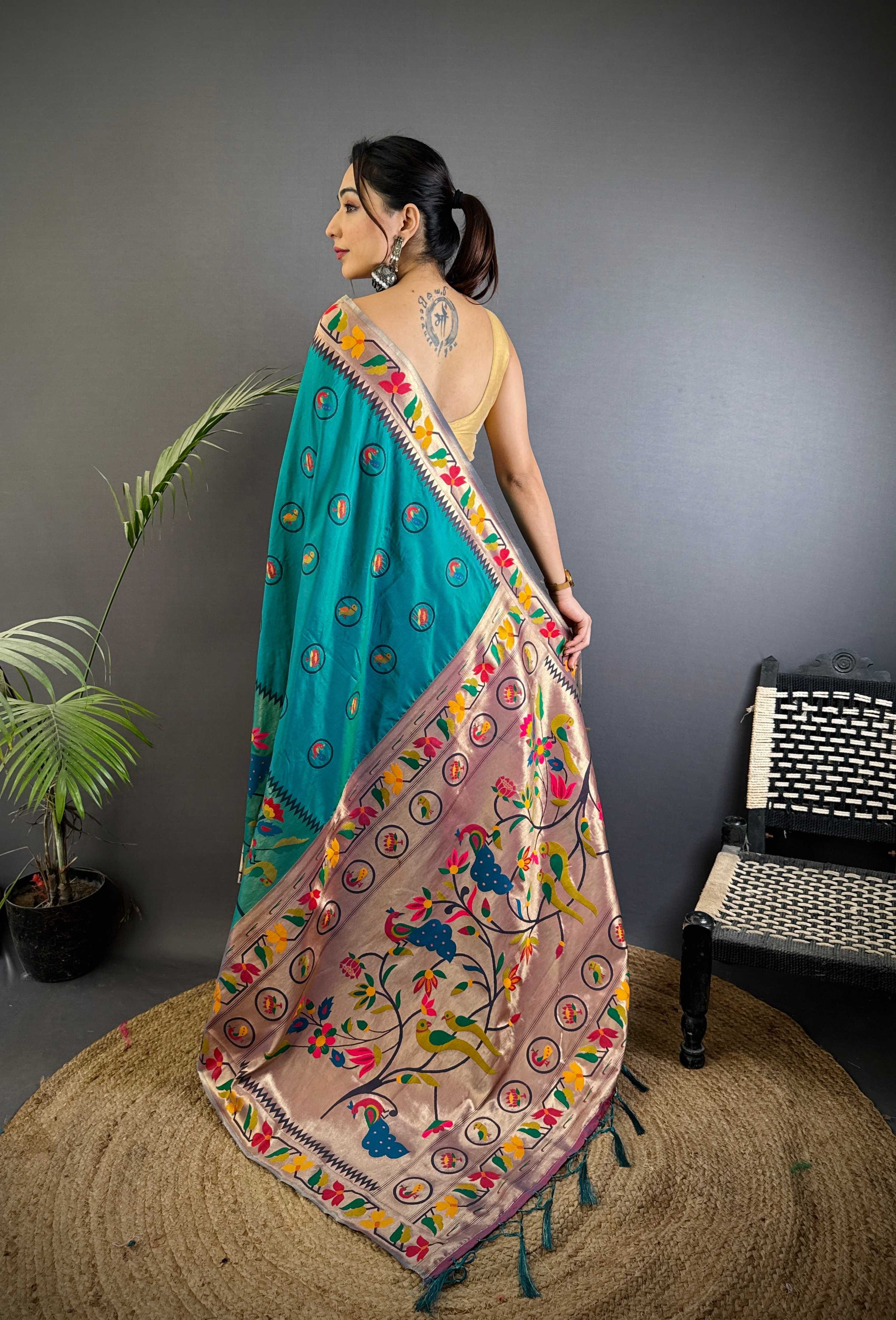 Sonakshi Women's Morepeach Paithani Silk Zari & Meenakari Weaving Traditional Saree with Blouse