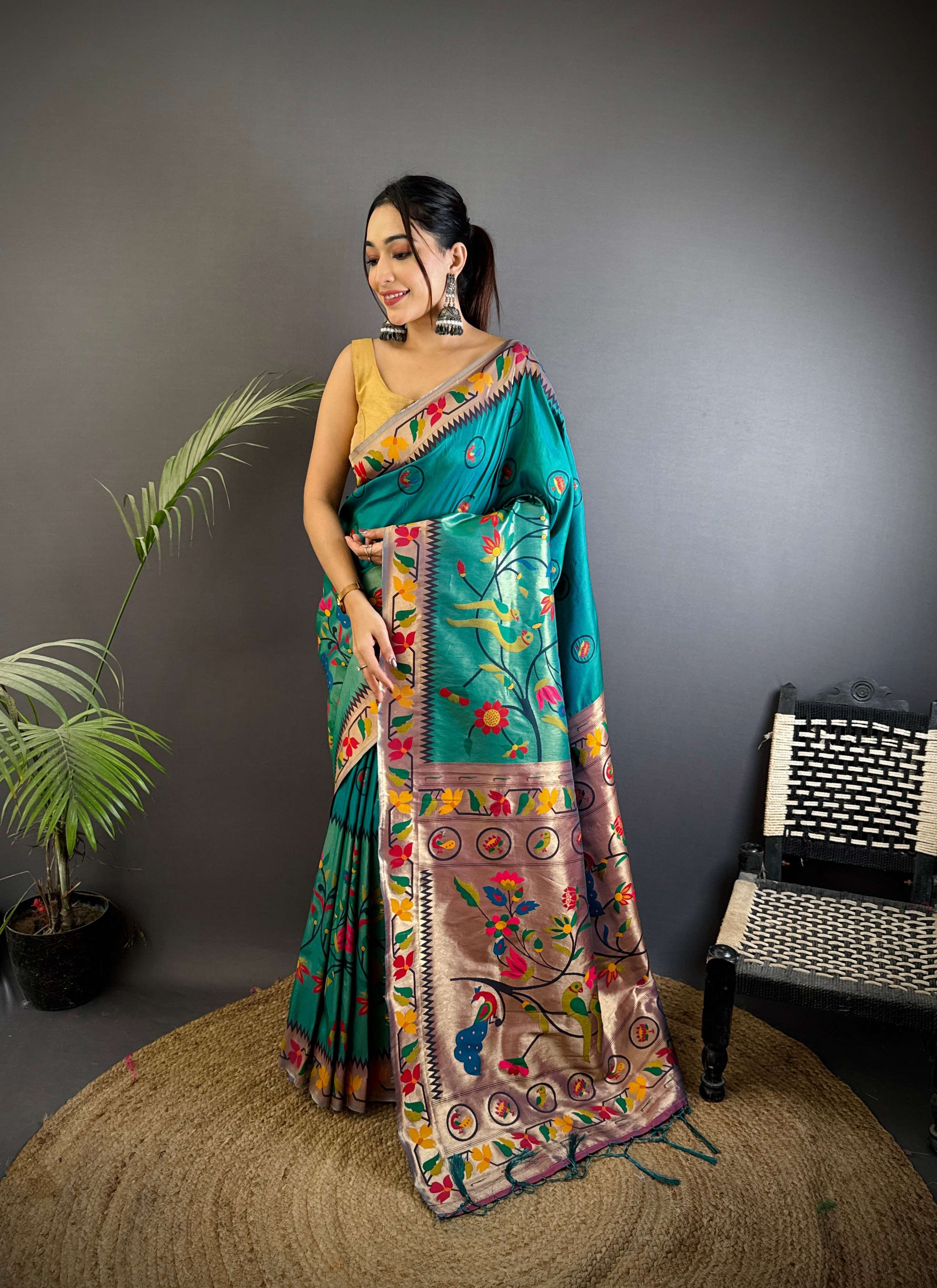 Sonakshi Women's Morepeach Paithani Silk Zari & Meenakari Weaving Traditional Saree with Blouse