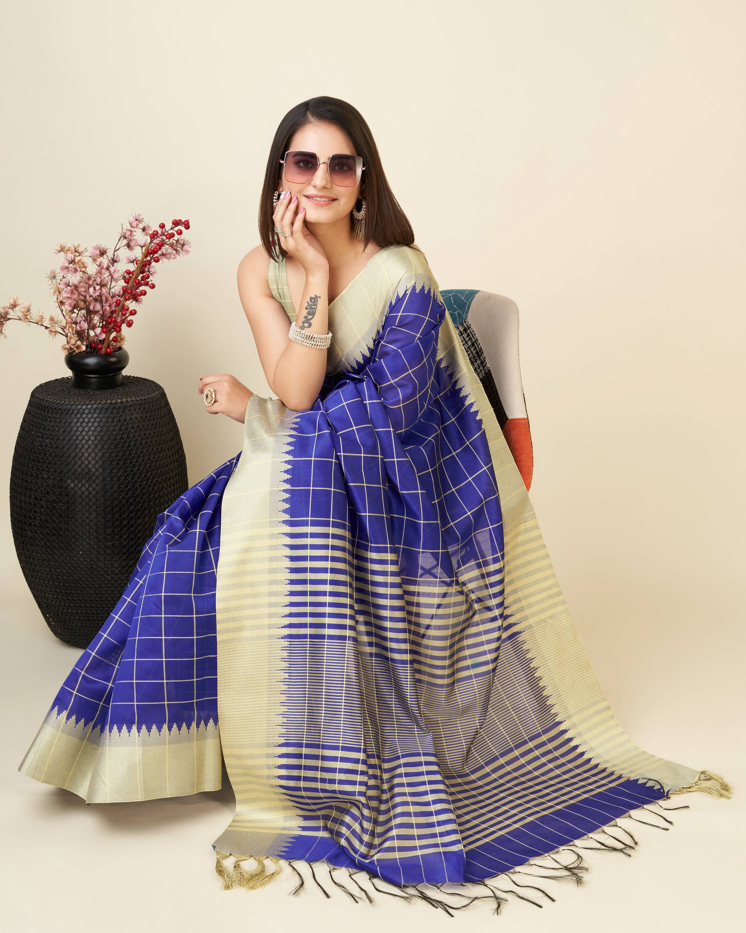 Sonakshi Women's Royal Blue Raw Silk Khadi & Zari Weaving Traditional Saree with Blouse
