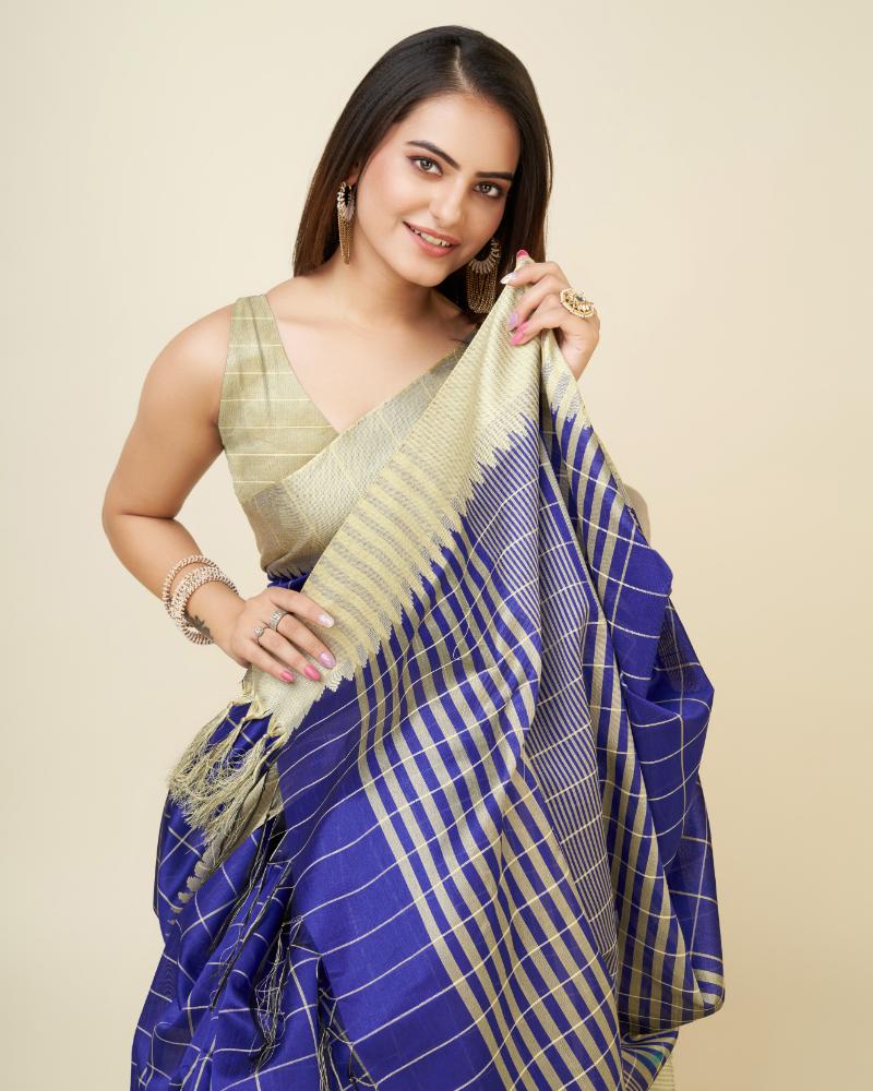 Sonakshi Women's Royal Blue Raw Silk Khadi & Zari Weaving Traditional Saree with Blouse