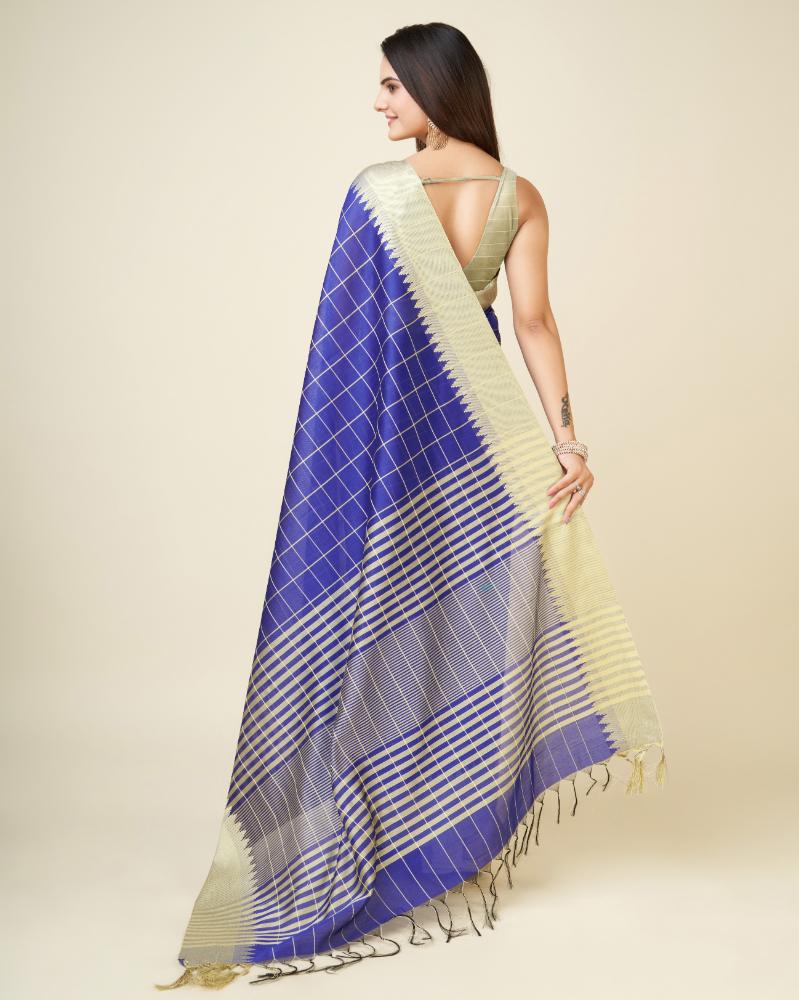 Sonakshi Women's Royal Blue Raw Silk Khadi & Zari Weaving Traditional Saree with Blouse