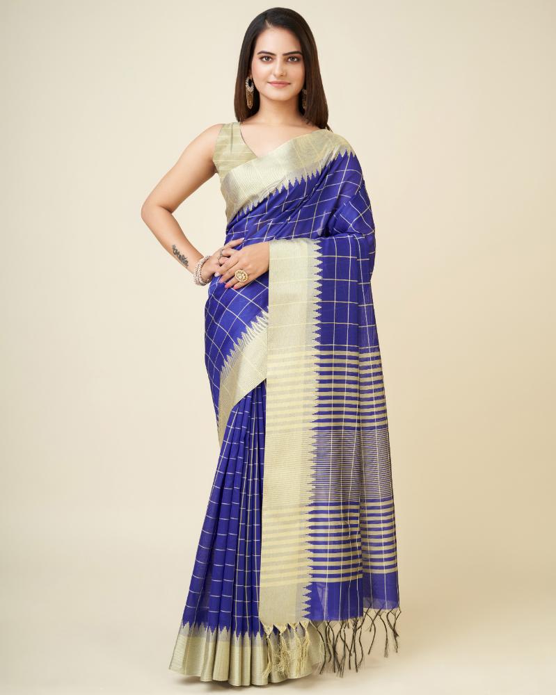 Sonakshi Women's Royal Blue Raw Silk Khadi & Zari Weaving Traditional Saree with Blouse