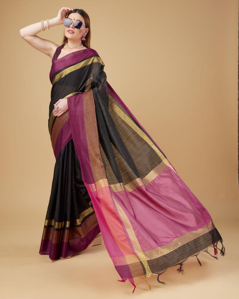 Sonakshi Women's Black Raw Silk Khadi & Zari Weaving Traditional Saree with Blouse