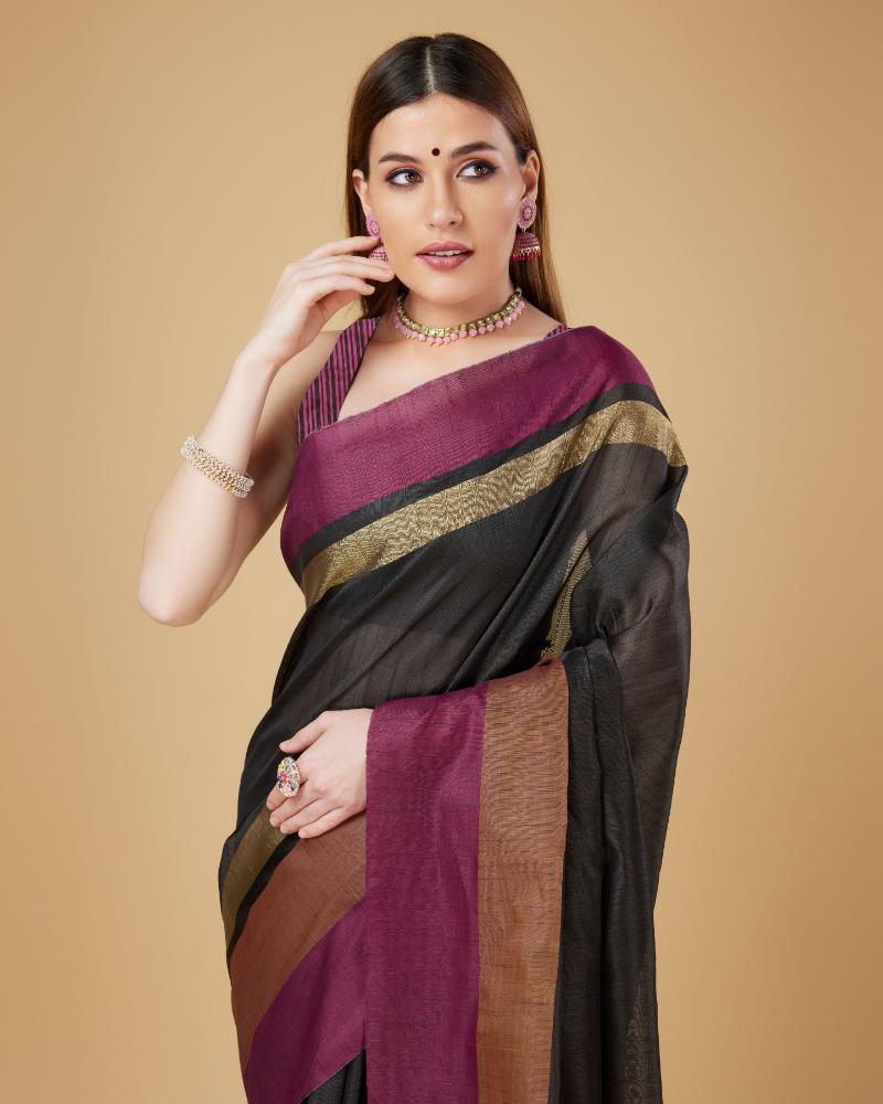 Sonakshi Women's Black Raw Silk Khadi & Zari Weaving Traditional Saree with Blouse