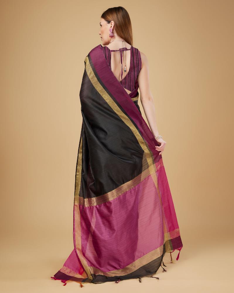Sonakshi Women's Black Raw Silk Khadi & Zari Weaving Traditional Saree with Blouse